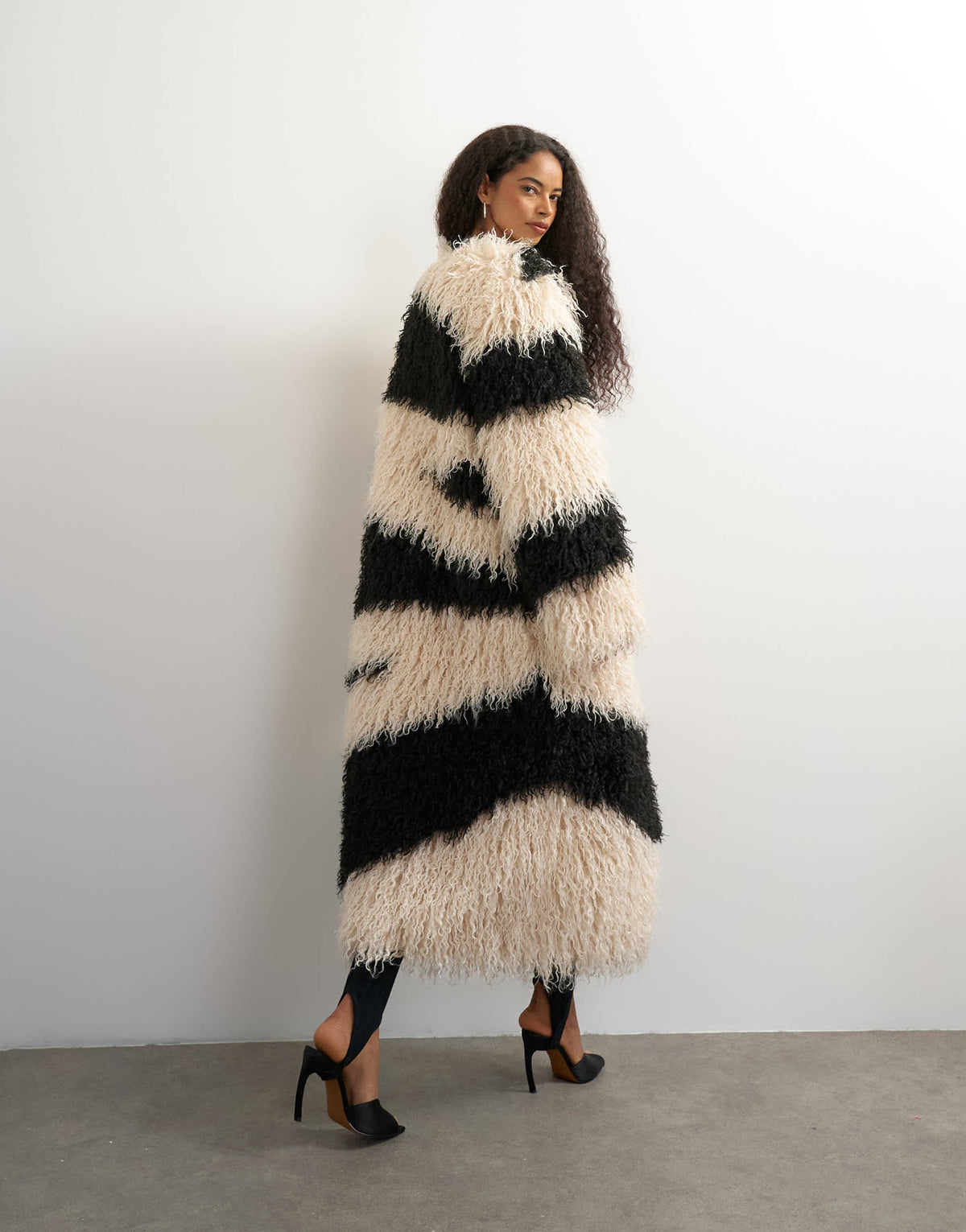 Topshop faux fur long collarless coat in mono print