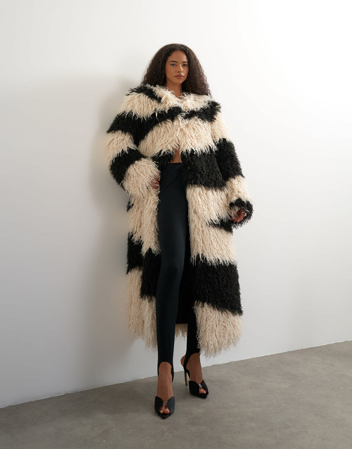 Topshop faux fur long collarless coat in mono print