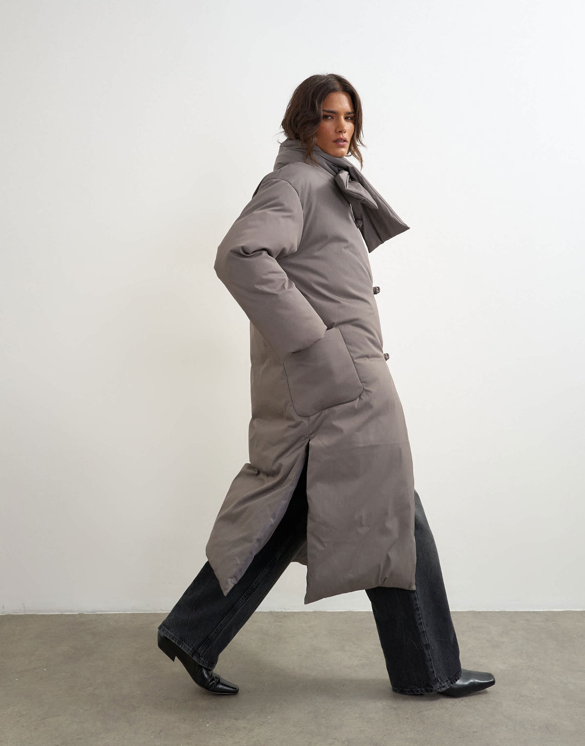 Topshop pillow scarf longline puffer jacket in taupe