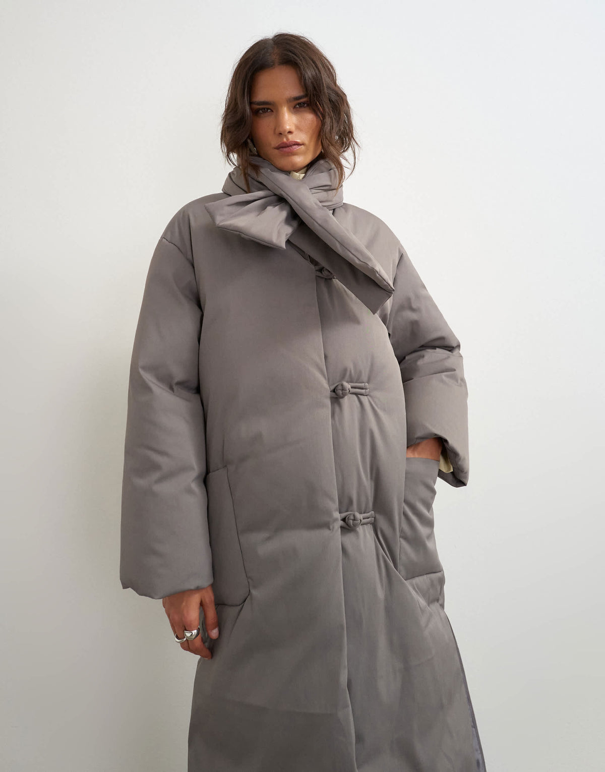 Topshop pillow scarf longline puffer jacket in taupe