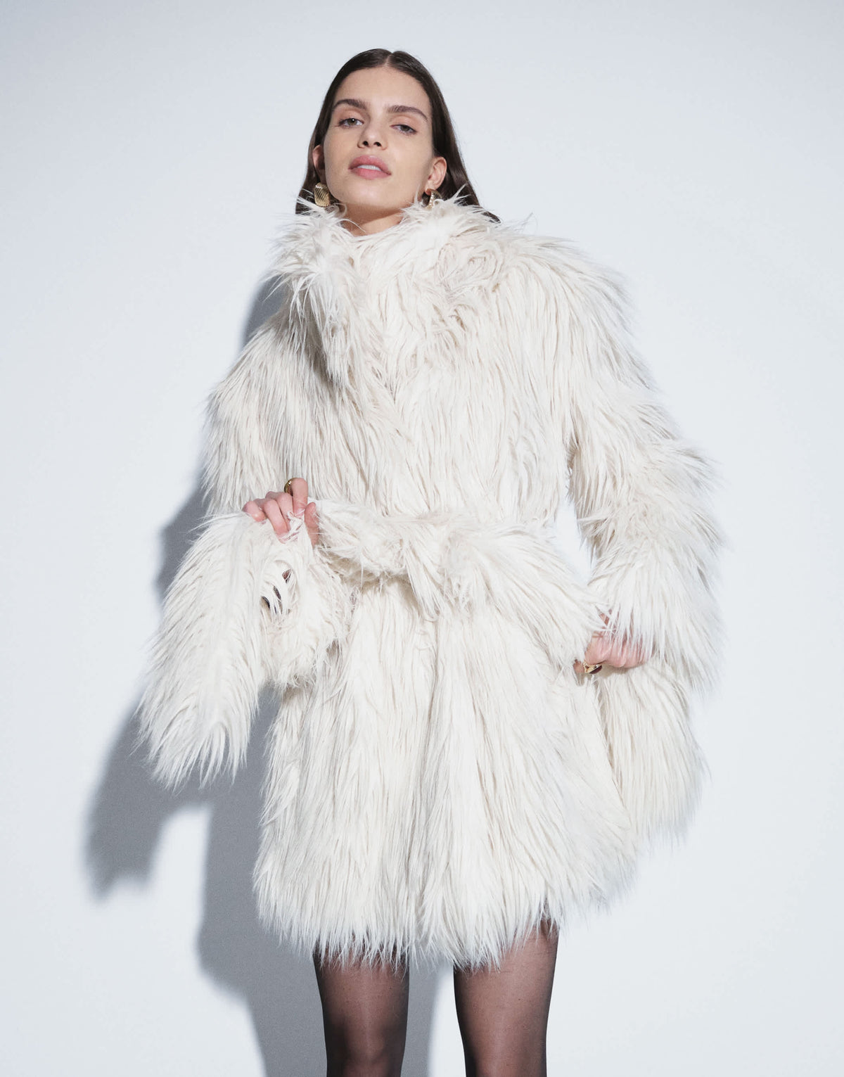 Topshop faux fur short cinched waist short coat in white