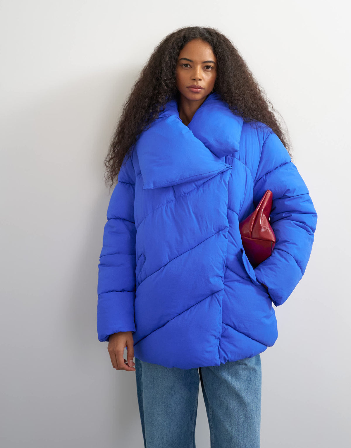 Topshop funnel neck mid length puffer jacket in blue