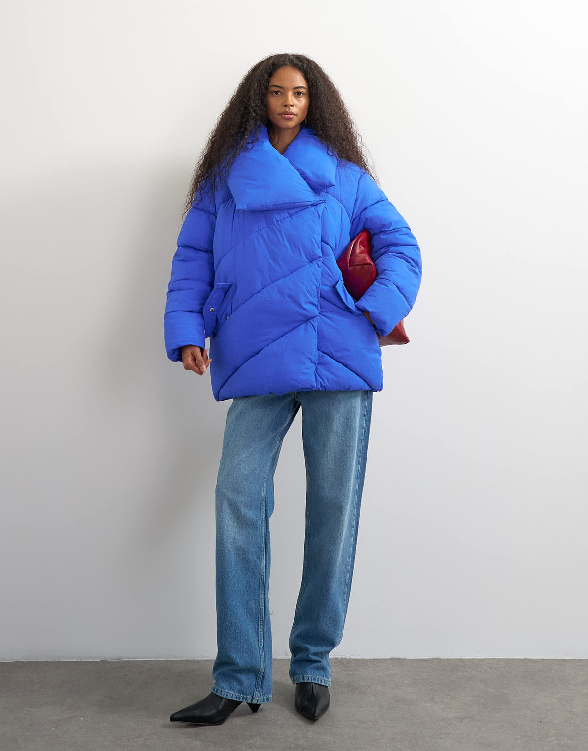 Topshop funnel neck mid length puffer jacket in blue