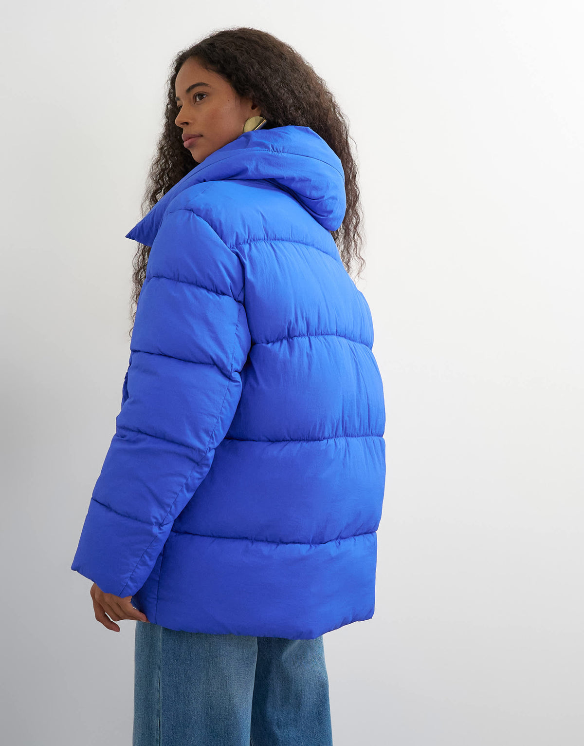 Topshop funnel neck mid length puffer jacket in blue