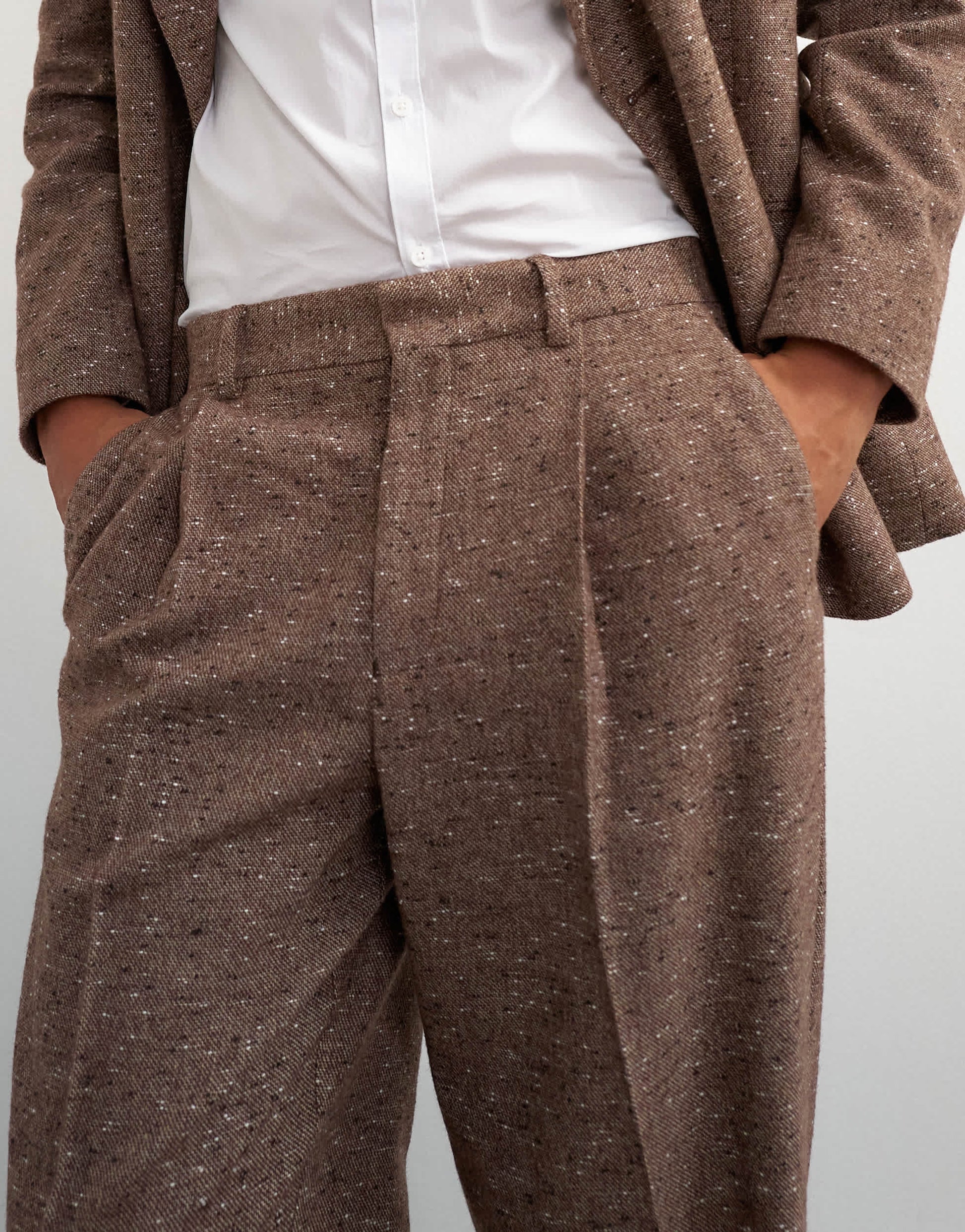 Topman wide leg textured trouser with pleats in brown