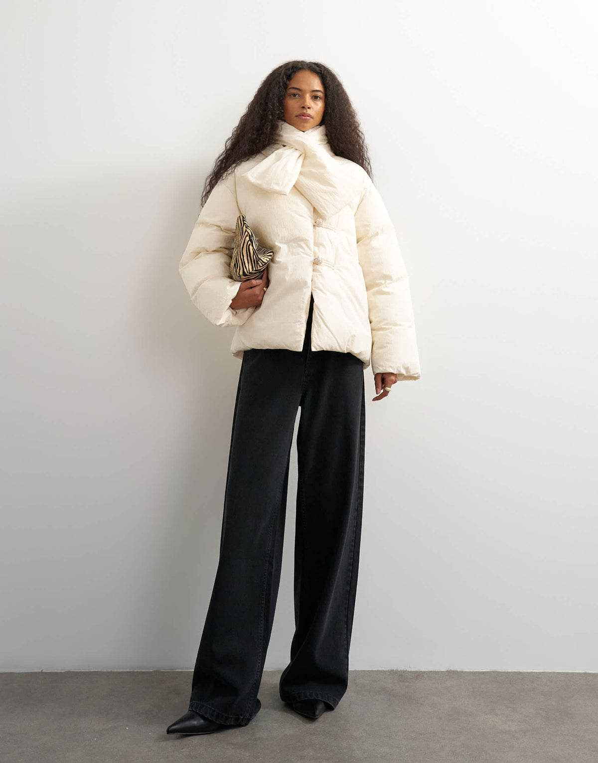 Topshop pillow removable scarf puffer jacket in ecru