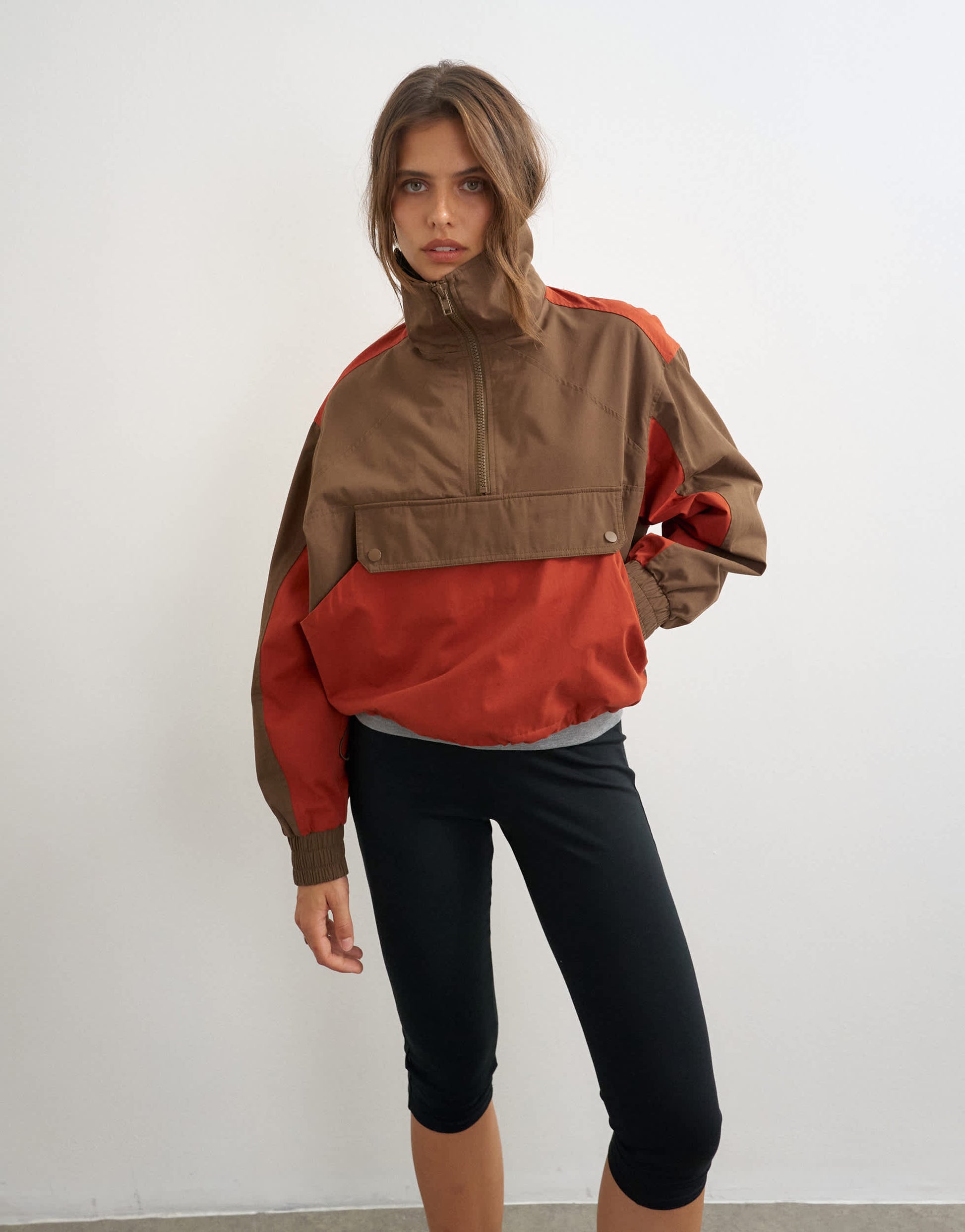 Topshop colour block pocket detail zip up jacket in brown and red