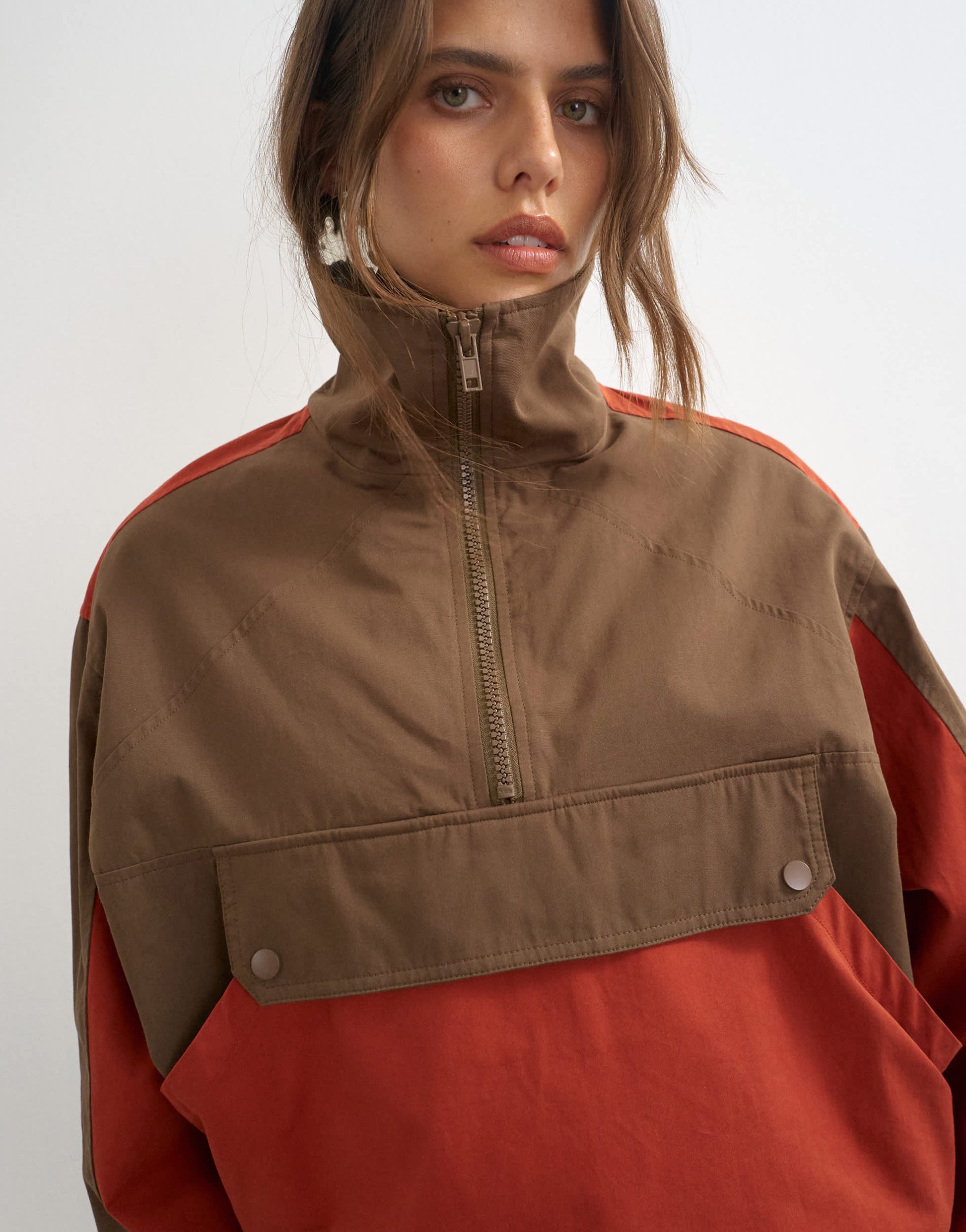 Topshop colour block pocket detail zip up jacket in brown and red