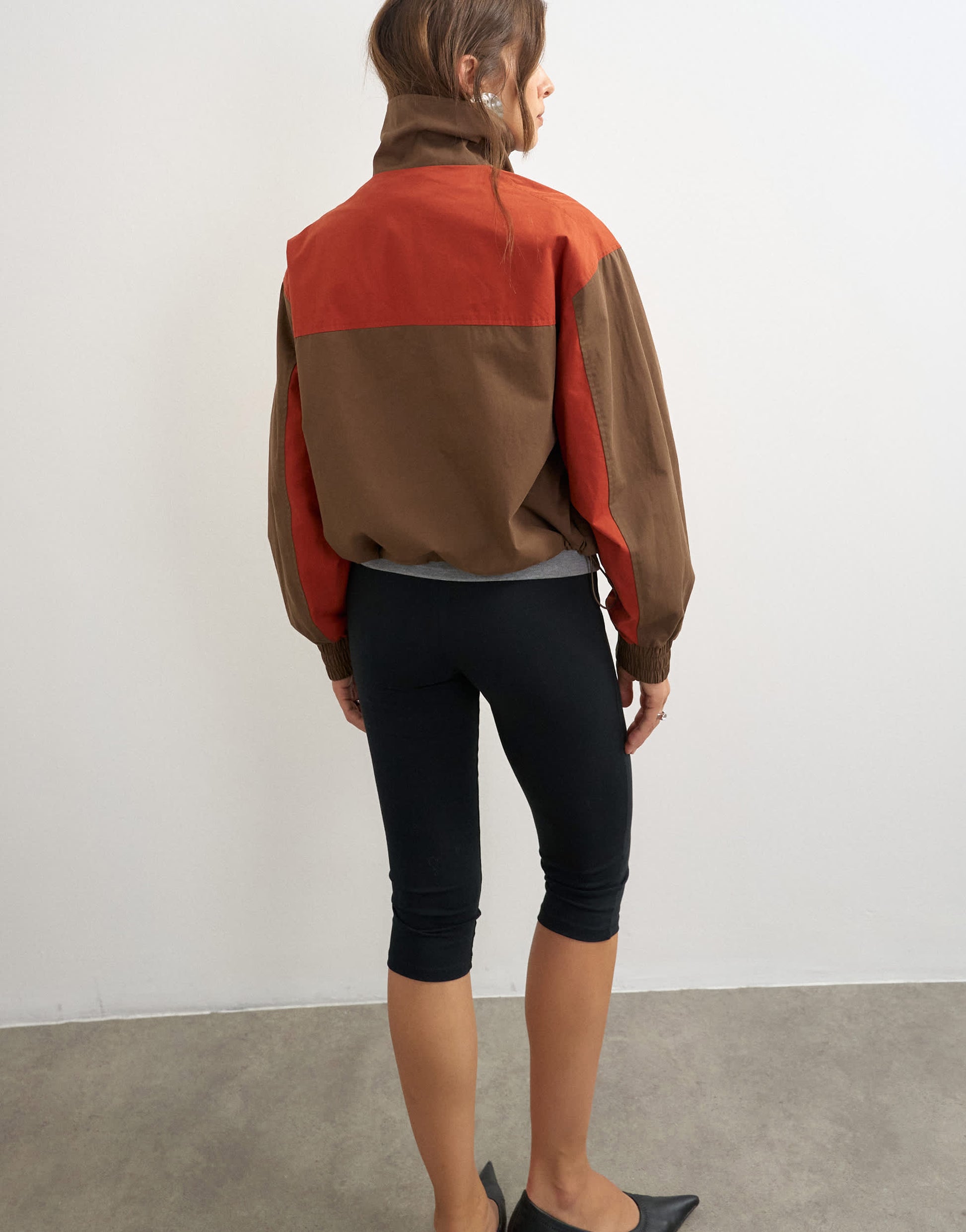 Topshop colour block pocket detail zip up jacket in brown and red