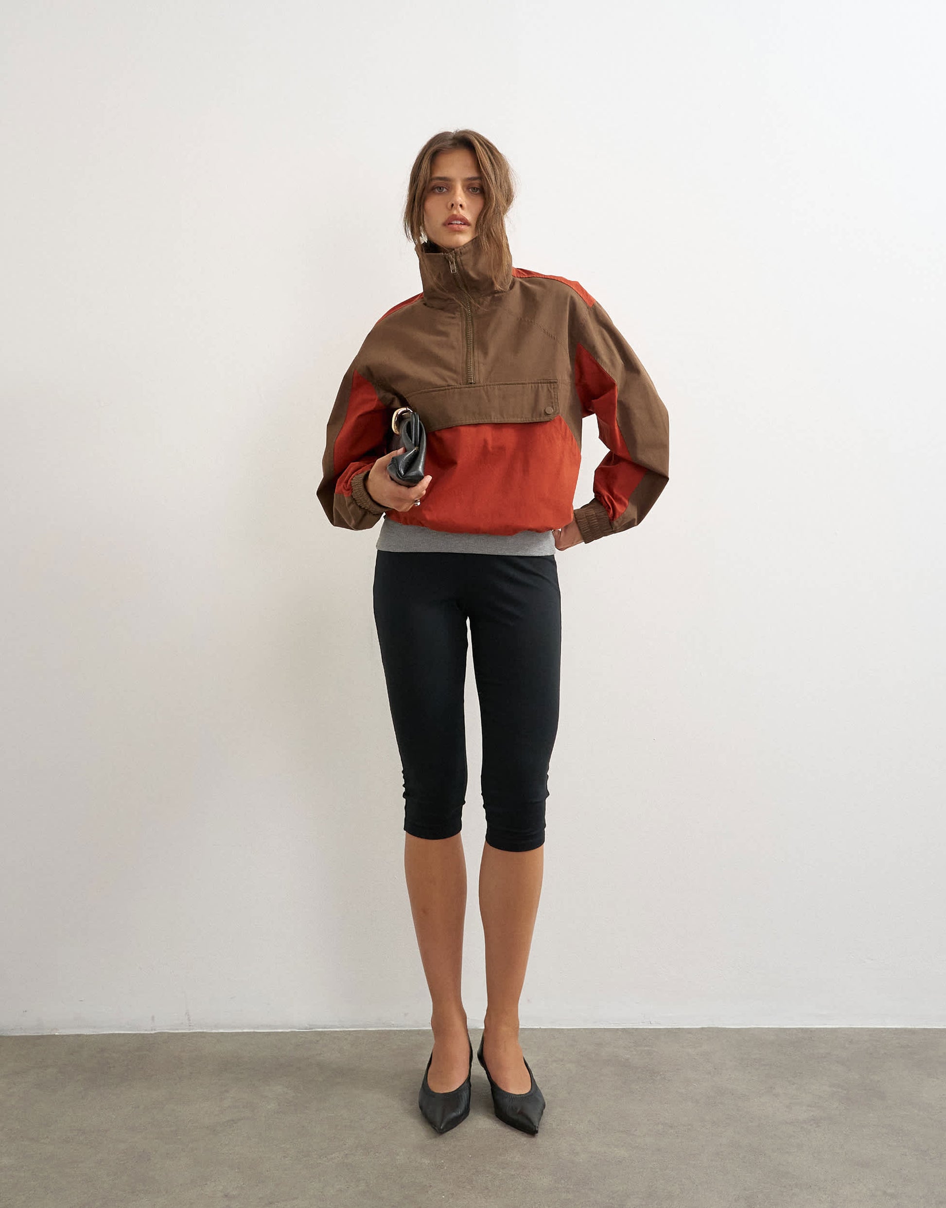 Topshop colour block pocket detail zip up jacket in brown and red