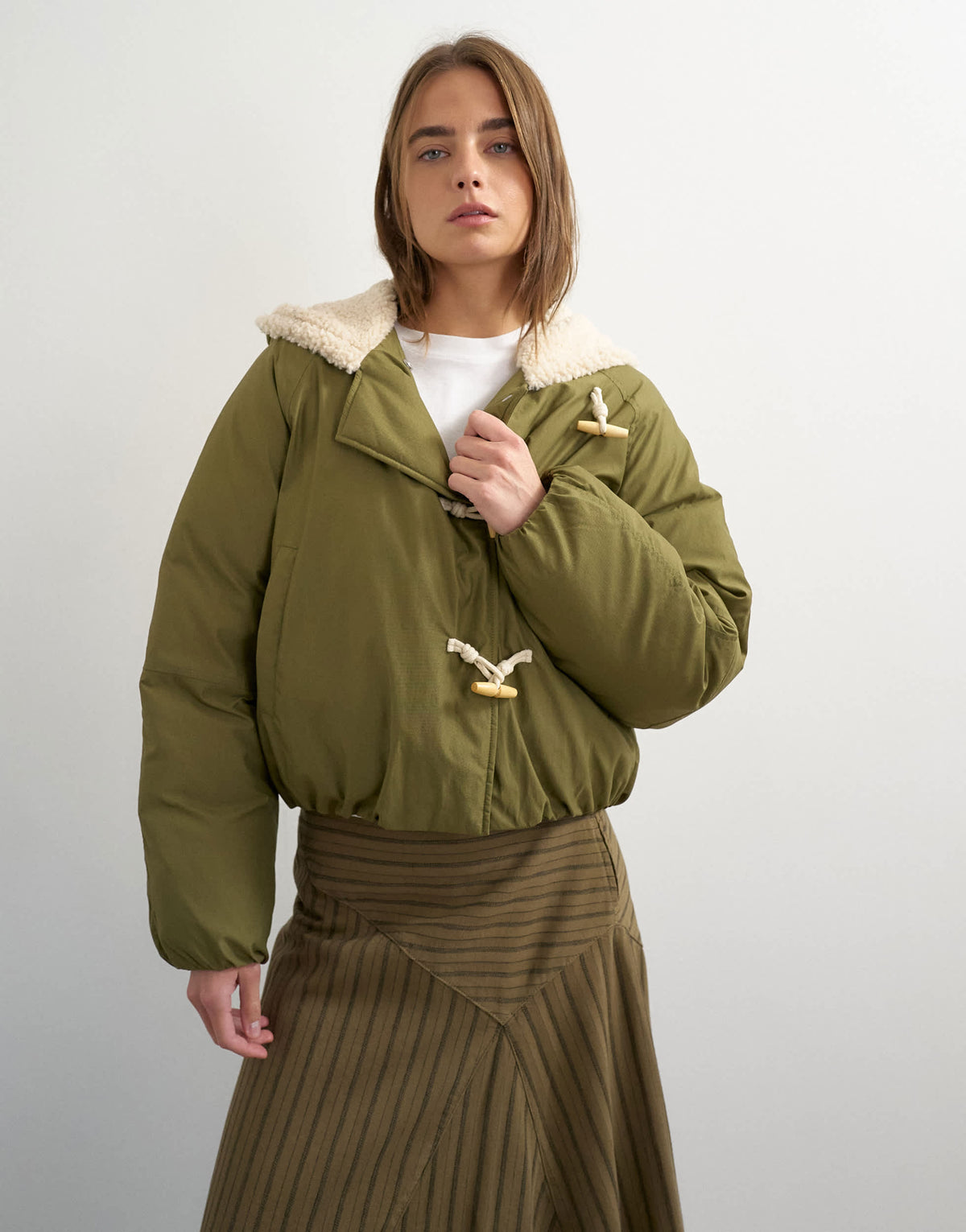 Topshop toggle borg collar short puffer jacket in khaki