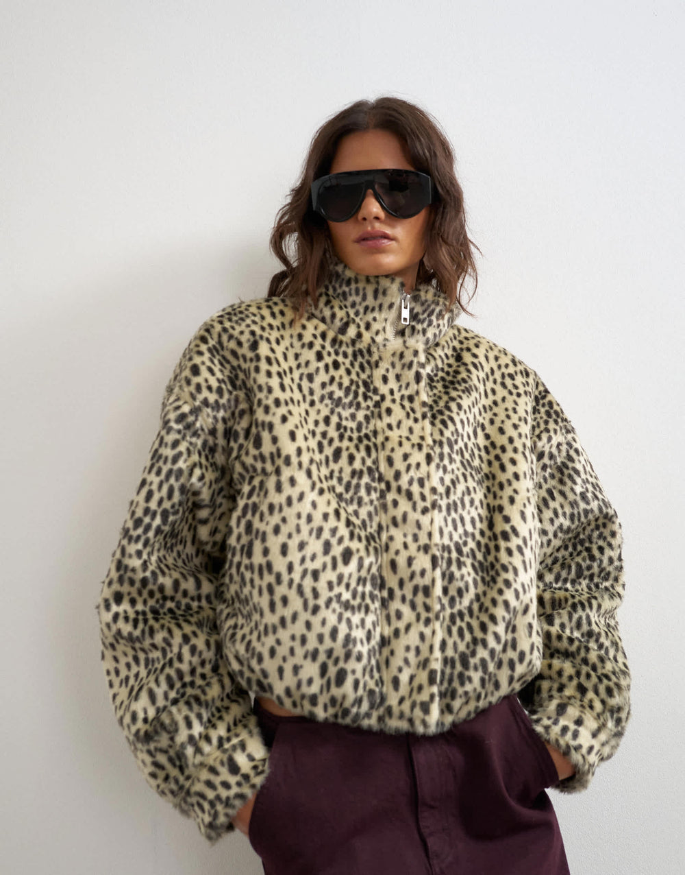 Blouson aviateur à col entonnoir en fausse fourrure Topshop, imprimé à pois