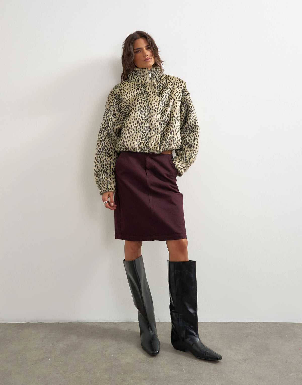 Topshop faux fur funnel neck bomber jacket in spotted print