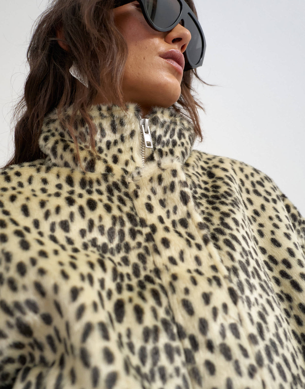 Topshop faux fur funnel neck bomber jacket in spotted print