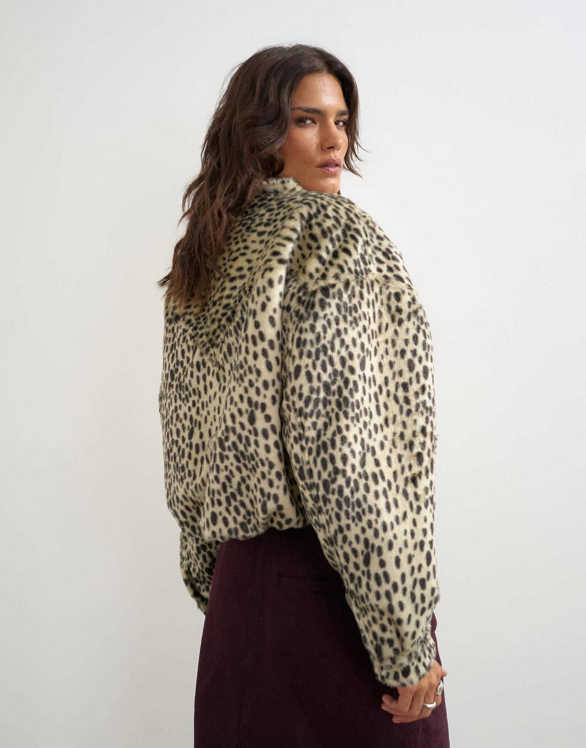 Topshop faux fur funnel neck bomber jacket in spotted print