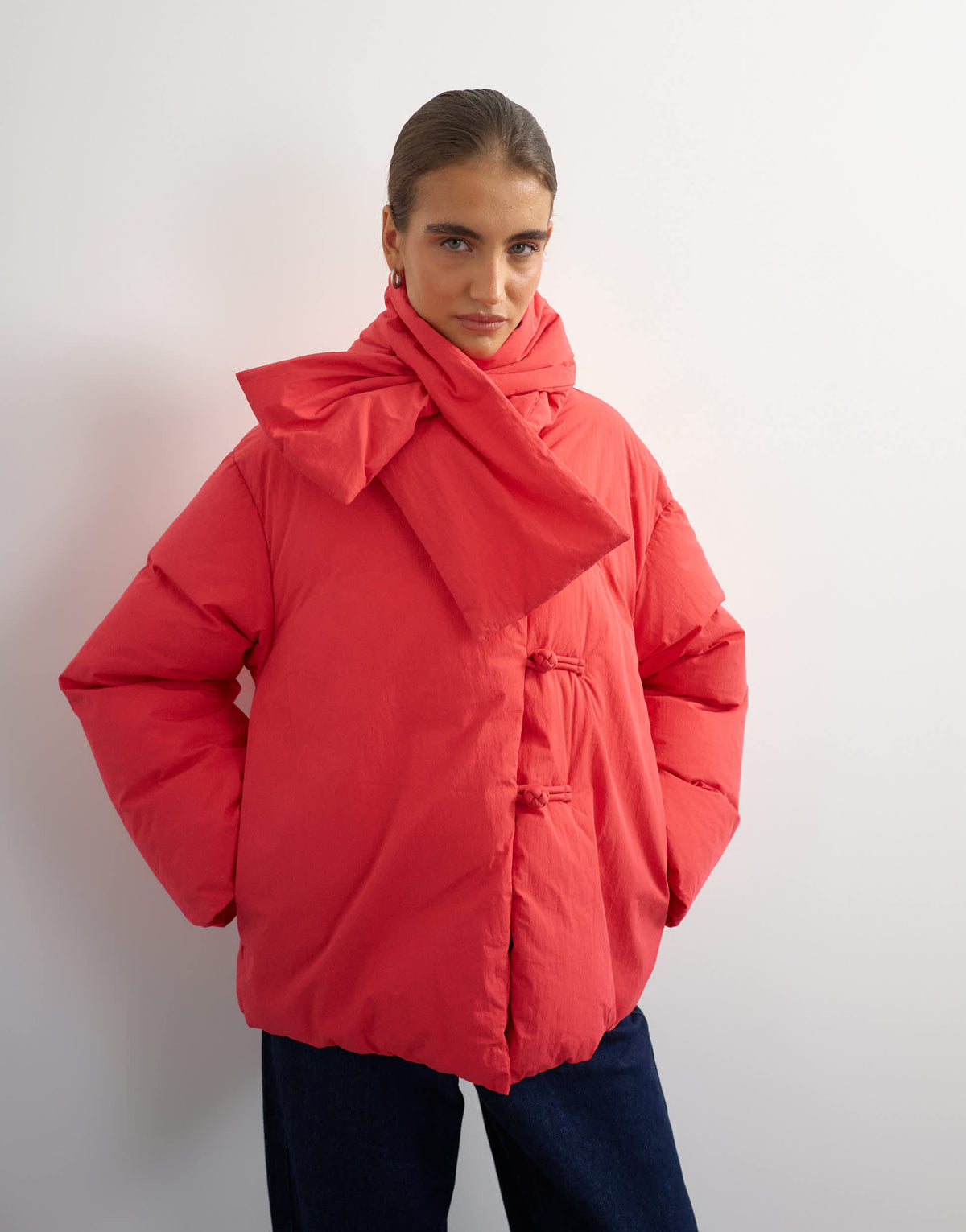 Topshop pillow scarf puffer jacket in red