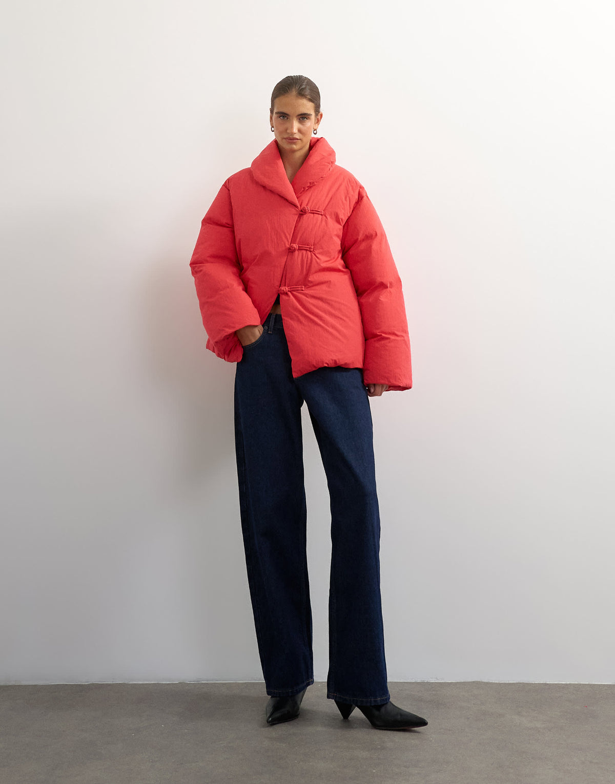 Topshop pillow removable scarf puffer jacket in red