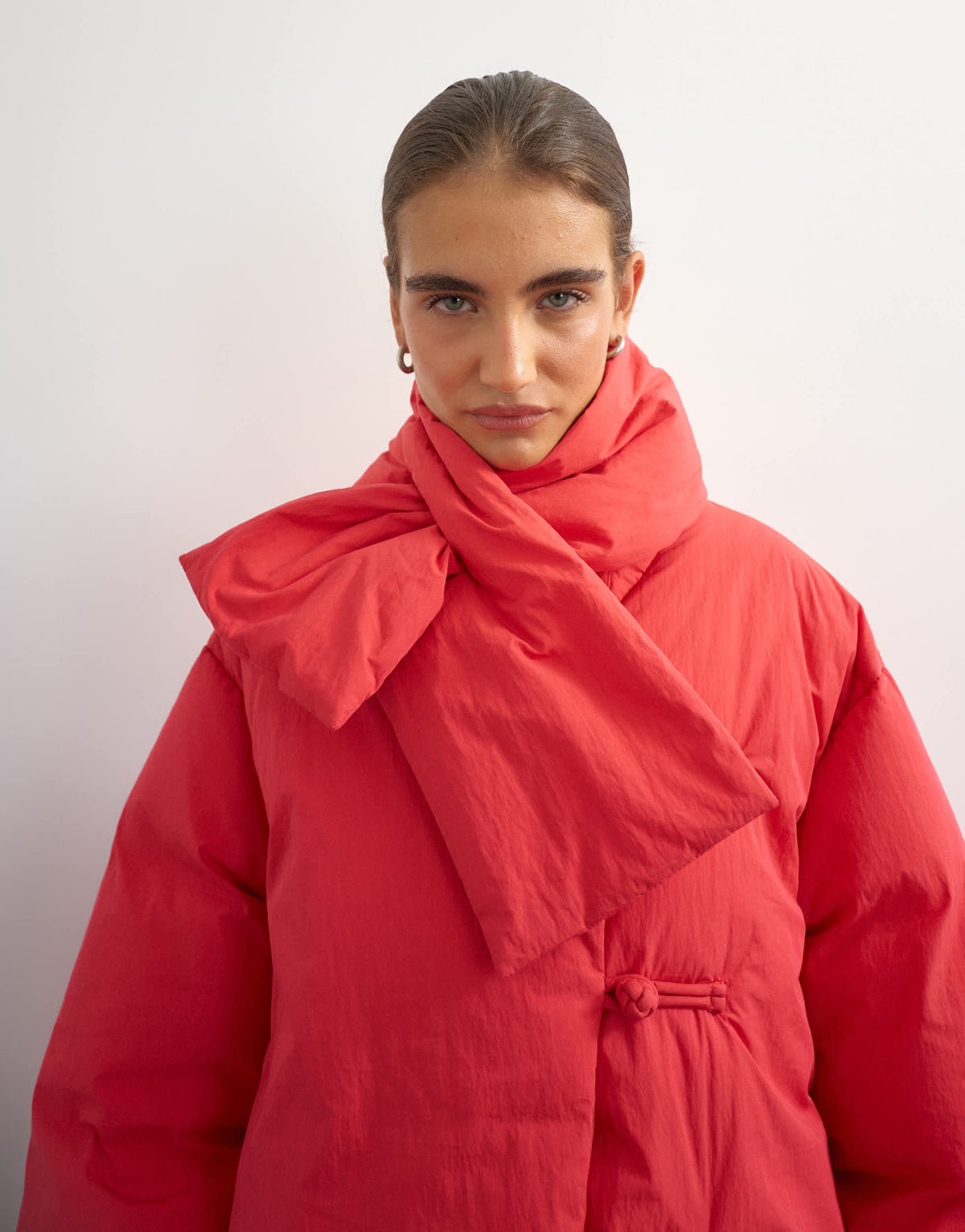 Topshop pillow removable scarf puffer jacket in red