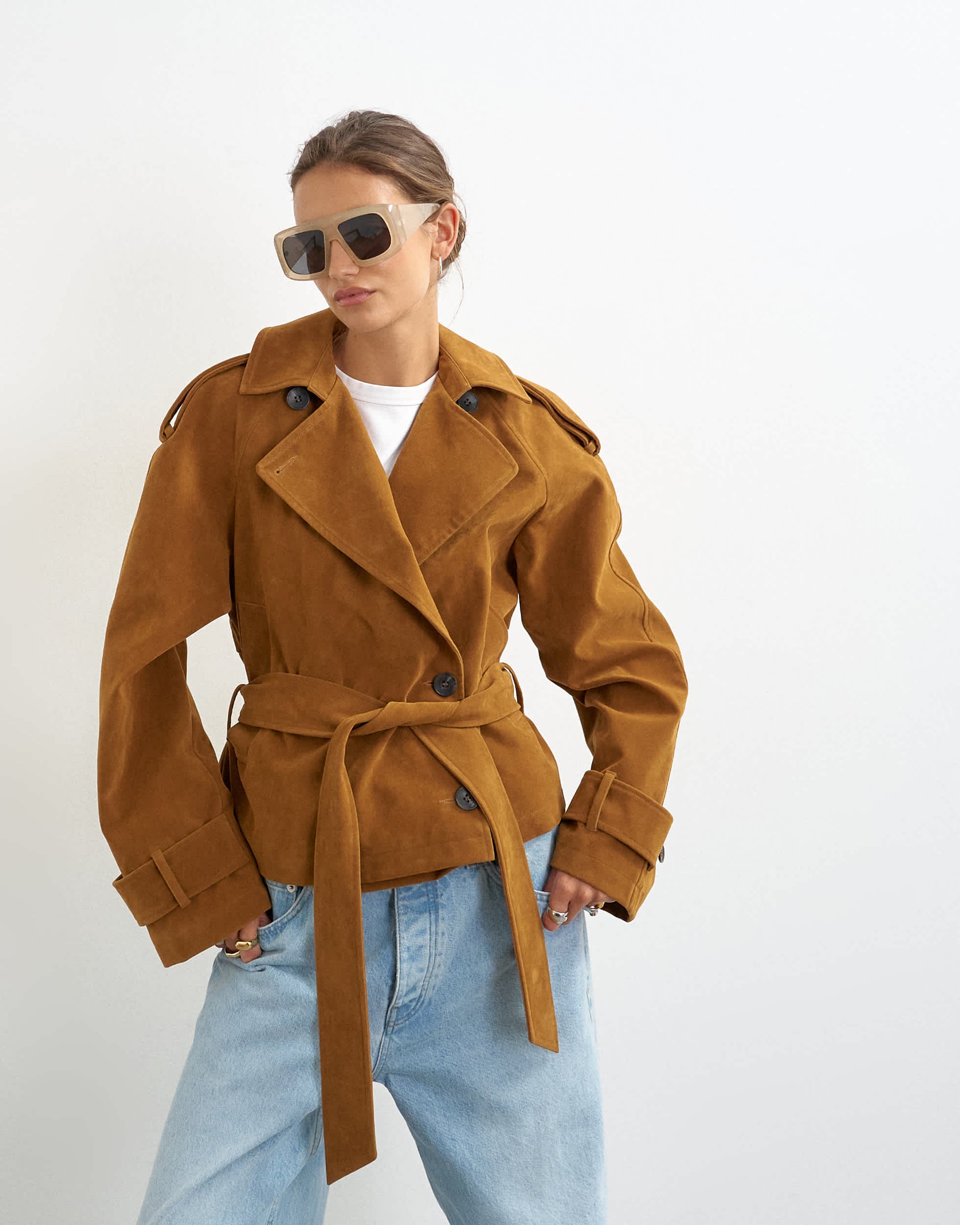 Topshop faux suede belted trench in tan