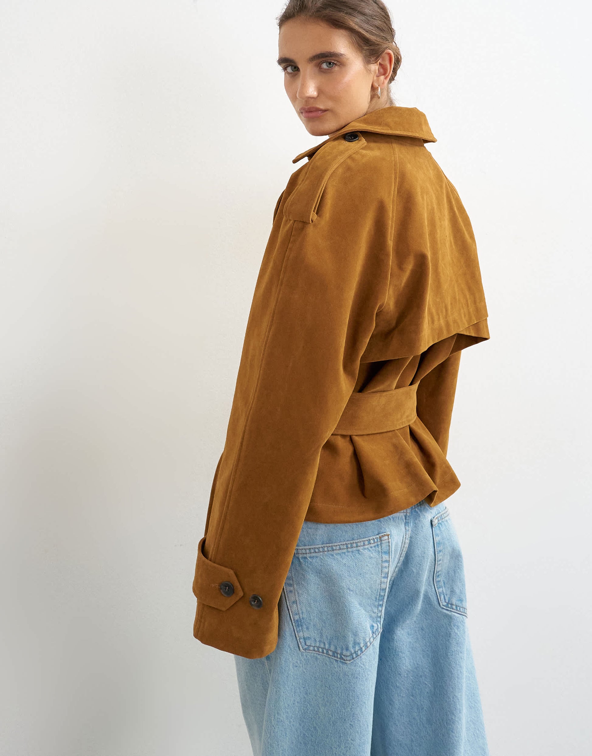 Topshop faux suede belted trench in tan