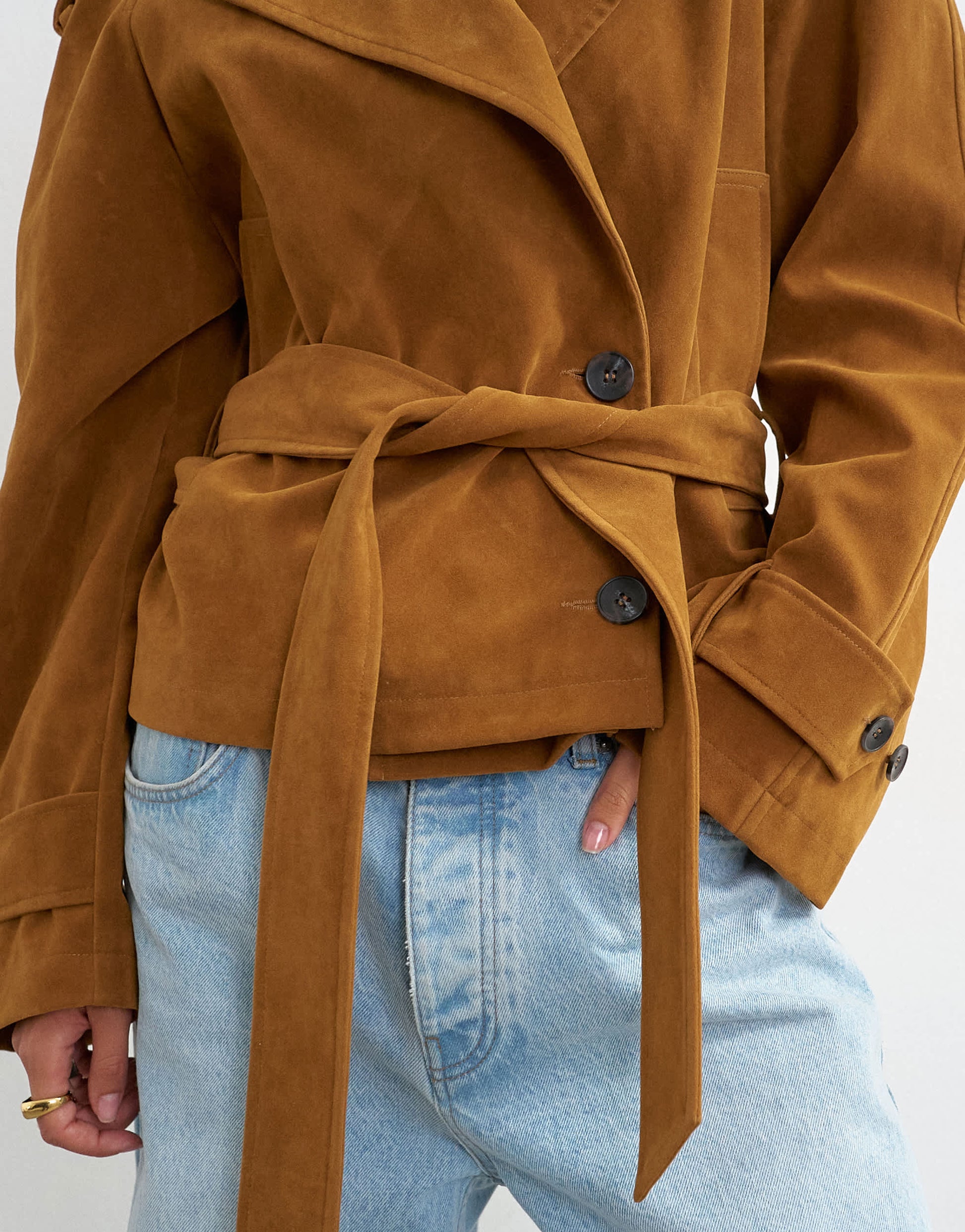 Topshop faux suede belted trench in tan