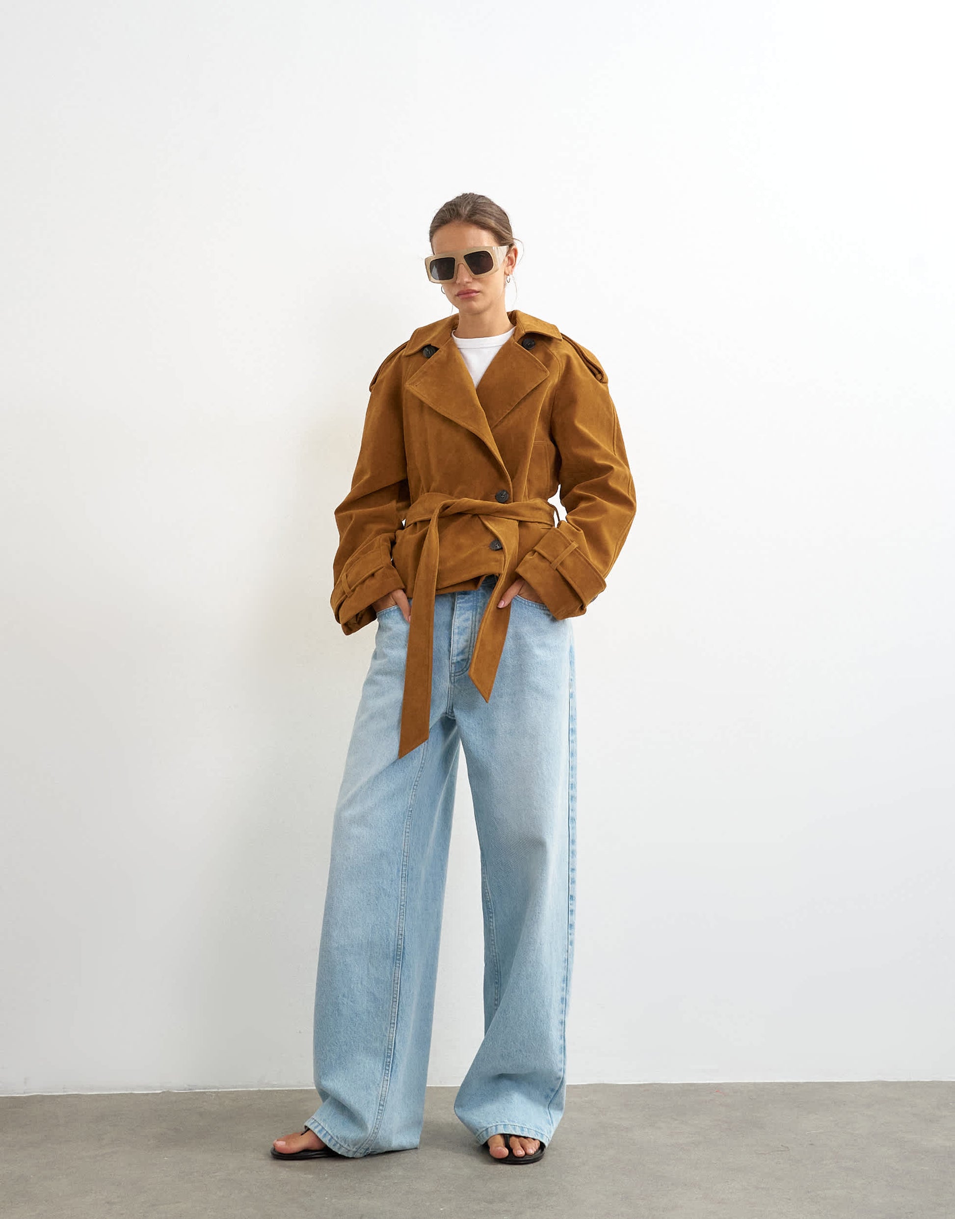Topshop faux suede belted trench in tan