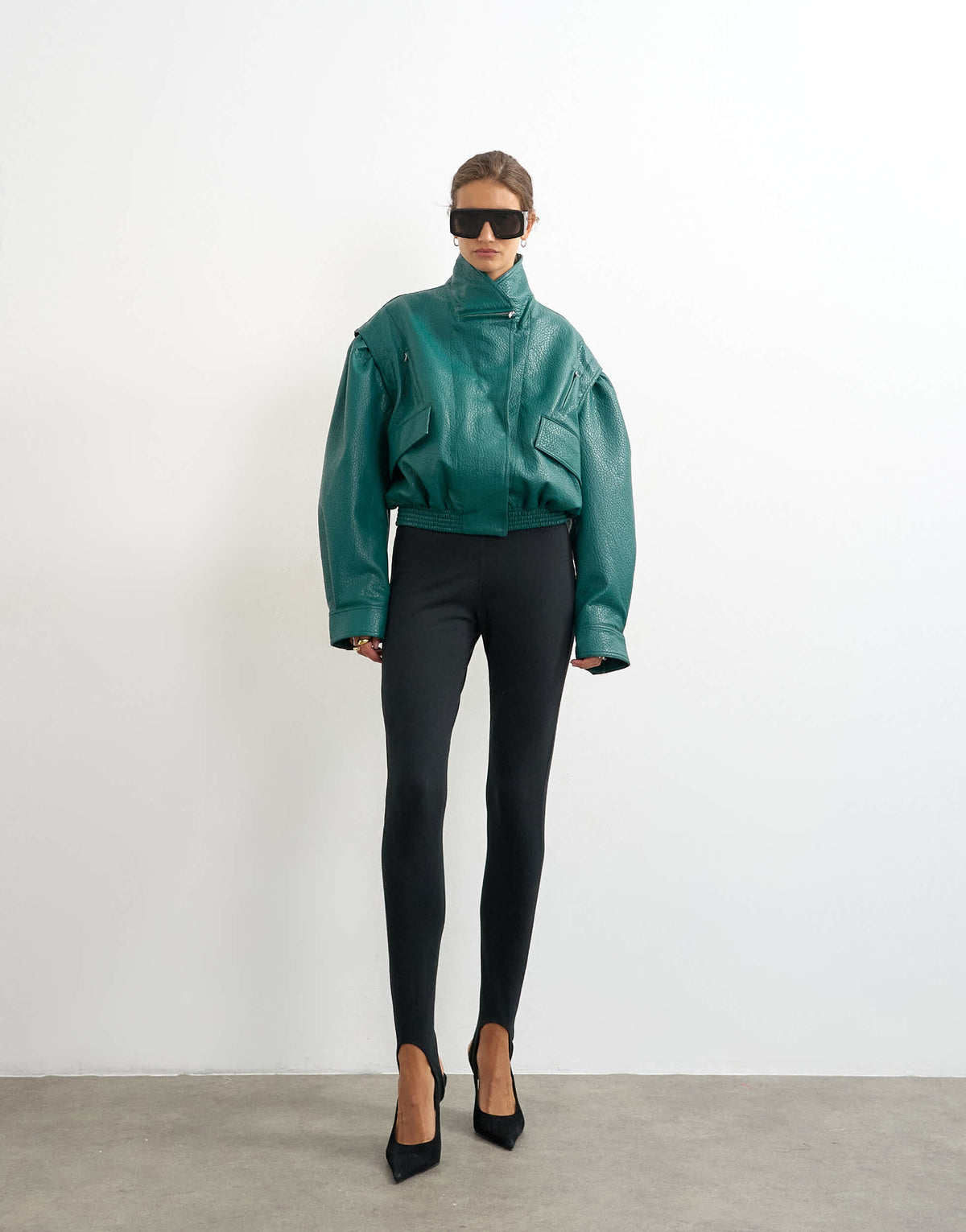 Topshop overszied faux leather cropped bomber with zips in green