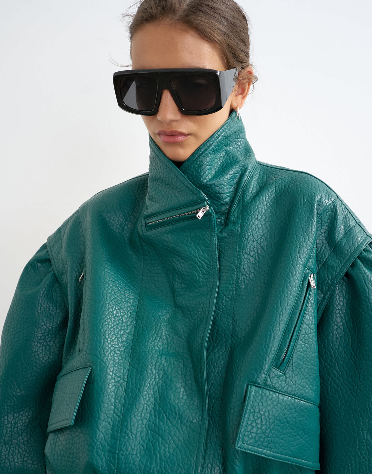 Topshop overszied faux leather cropped bomber with zips in green
