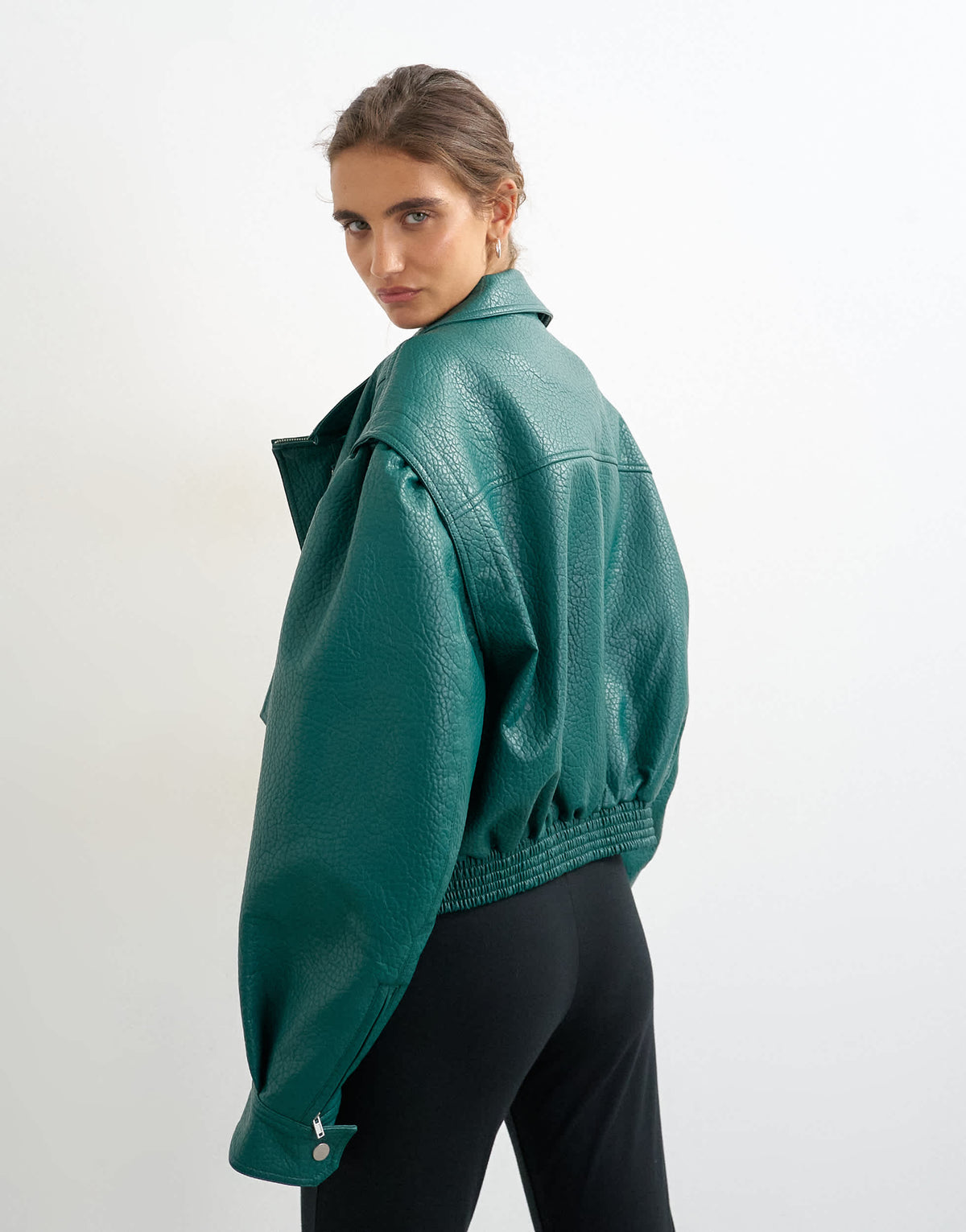 Topshop overszied faux leather cropped bomber with zips in green