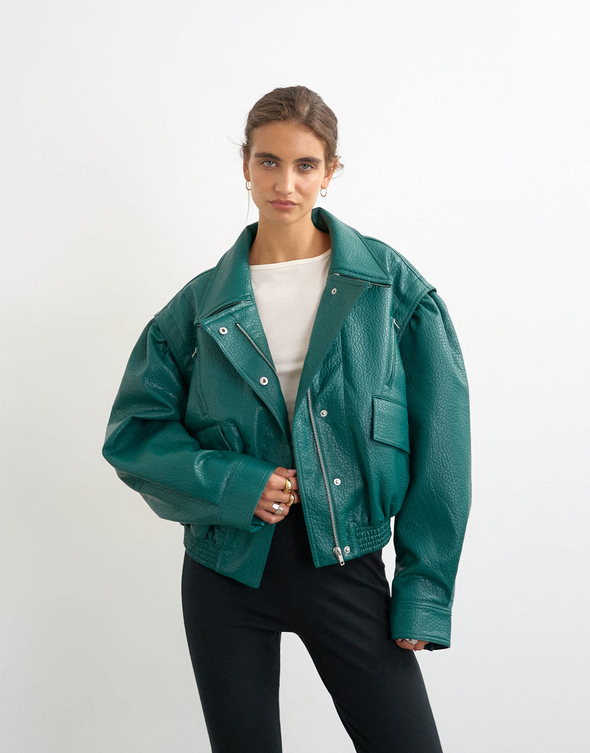 Topshop overszied faux leather cropped bomber with zips in green
