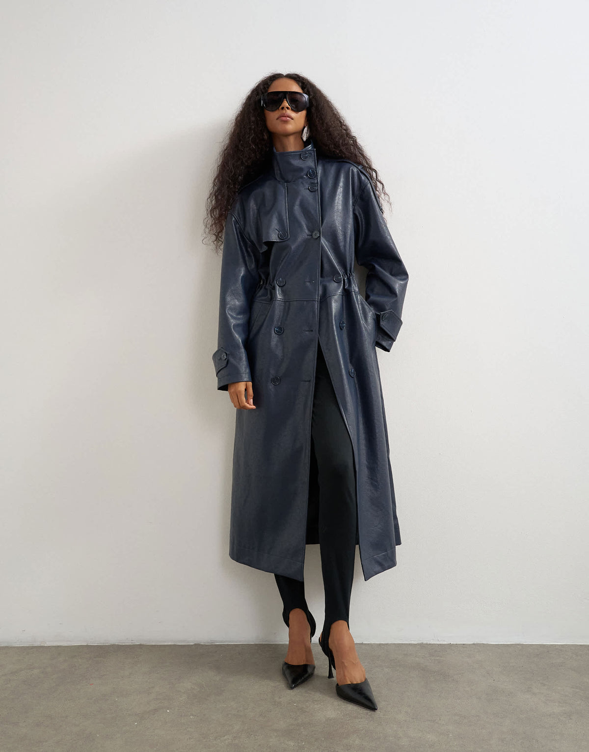 Topshop faux leather longline cinch waist trench coat in navy