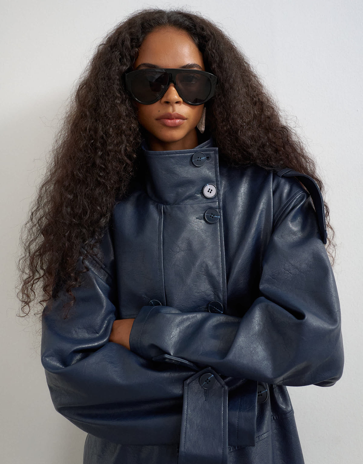 Topshop faux leather longline cinch waist trench coat in navy