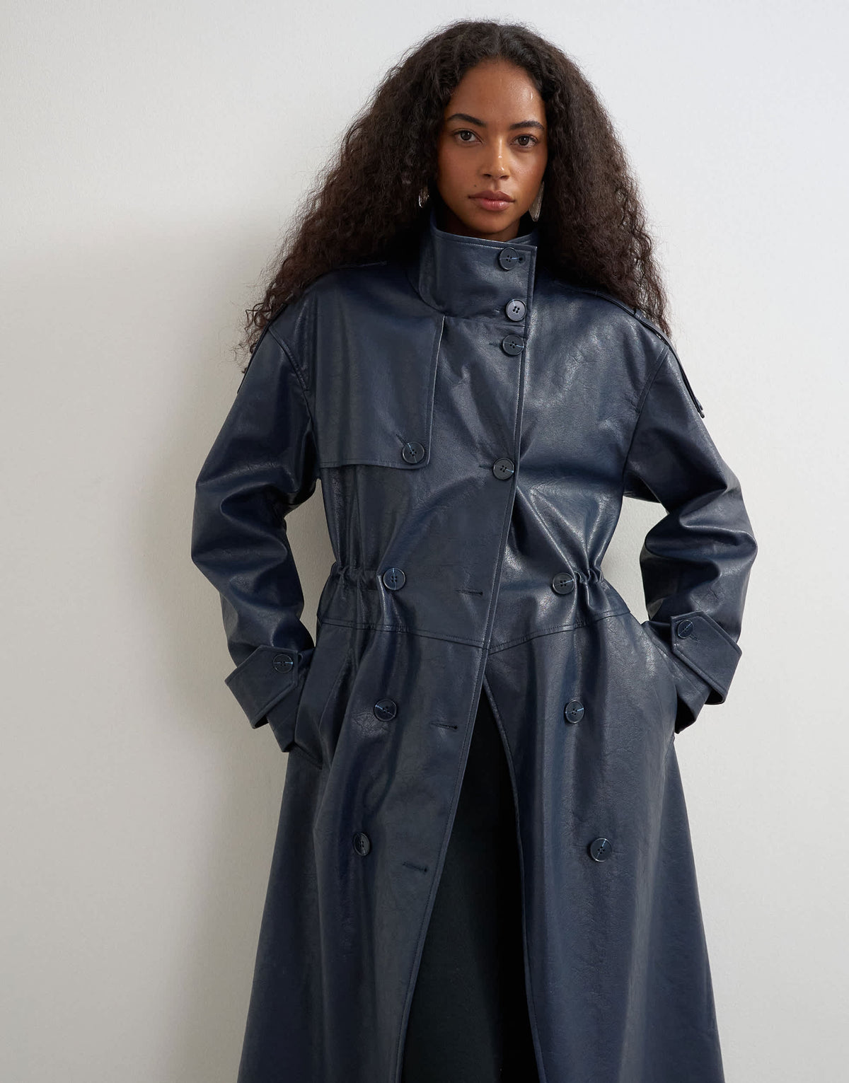 Topshop faux leather longline cinch waist trench coat in navy