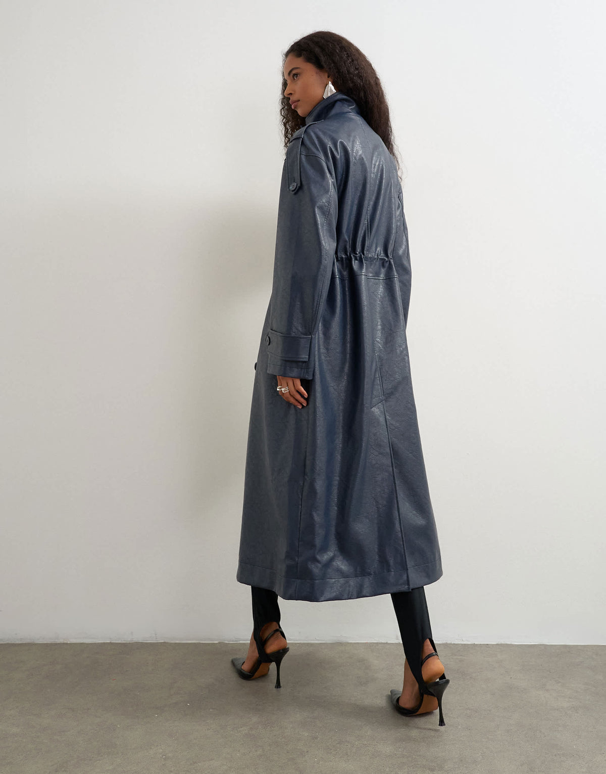 Topshop faux leather longline cinch waist trench coat in navy