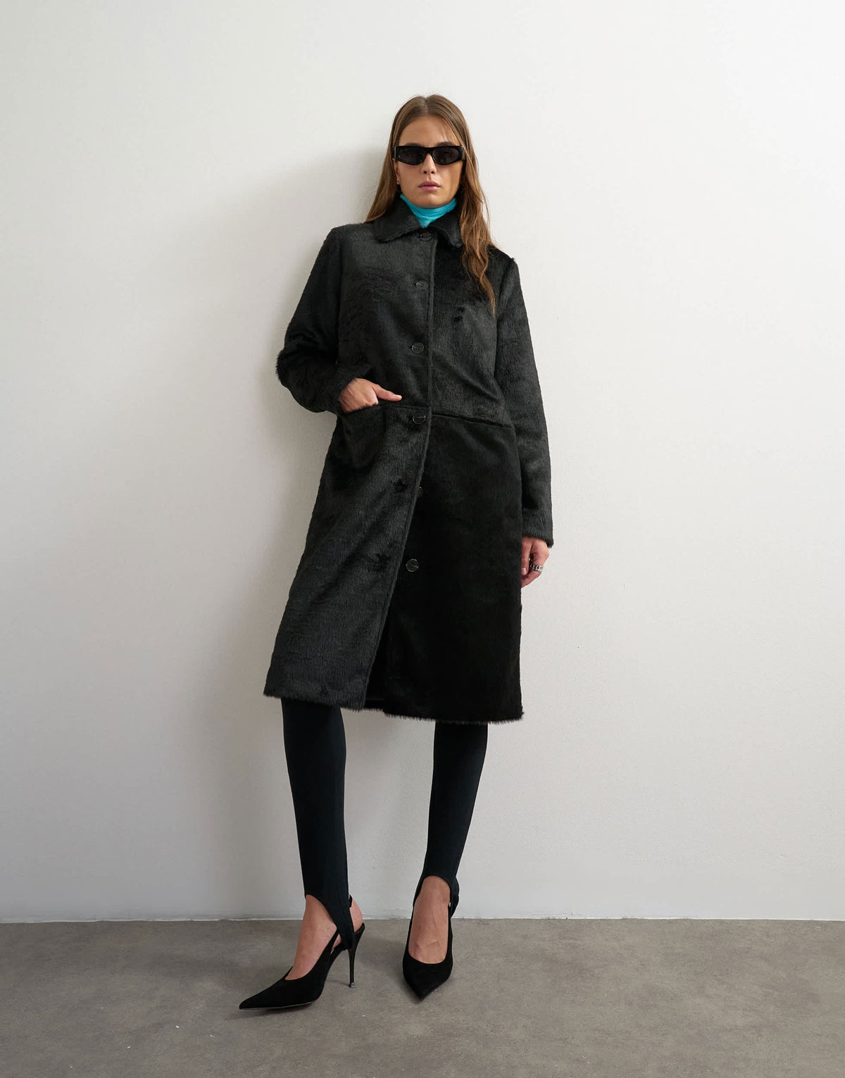 Topshop faux fur long coat in black
