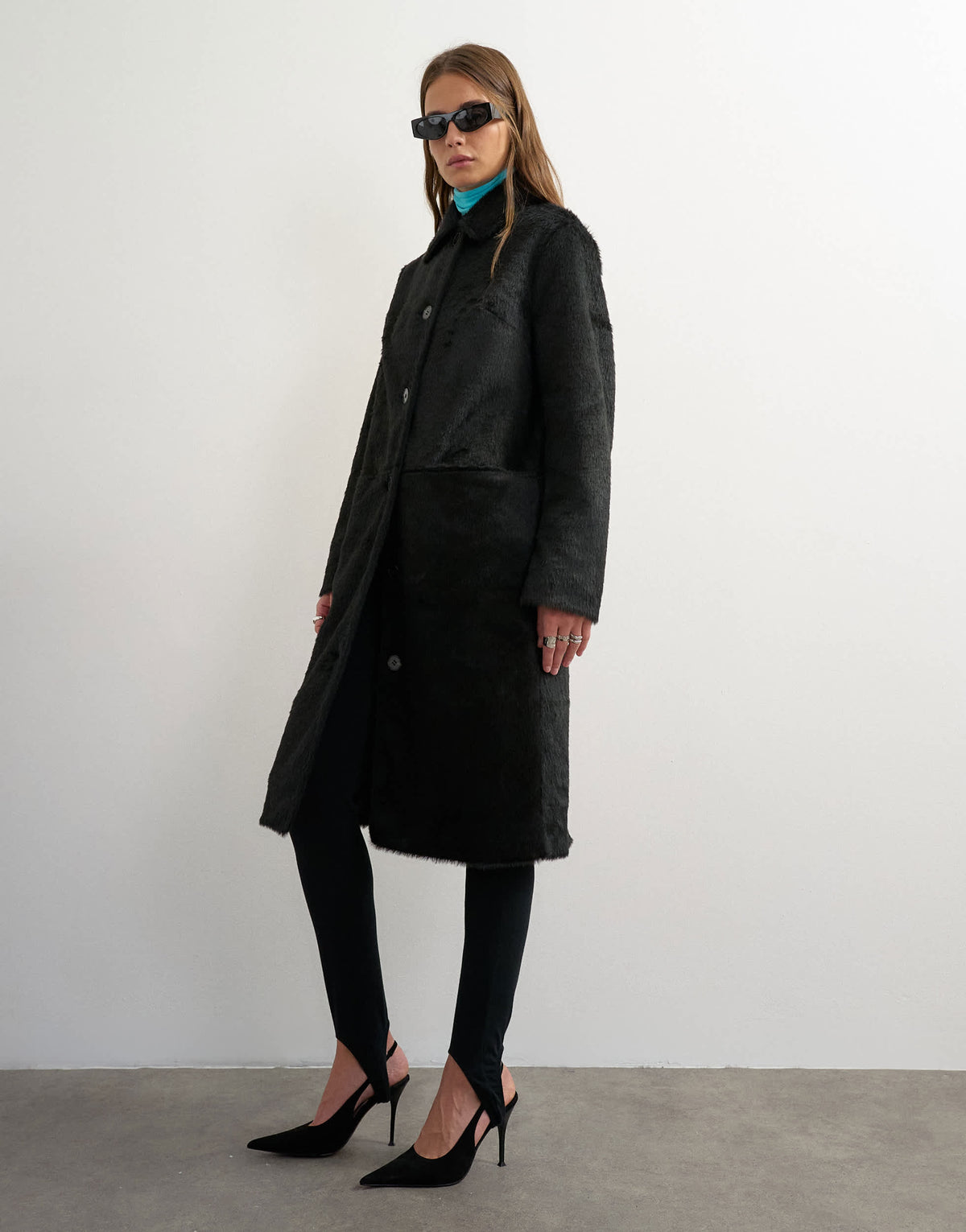 Topshop faux fur long coat in black