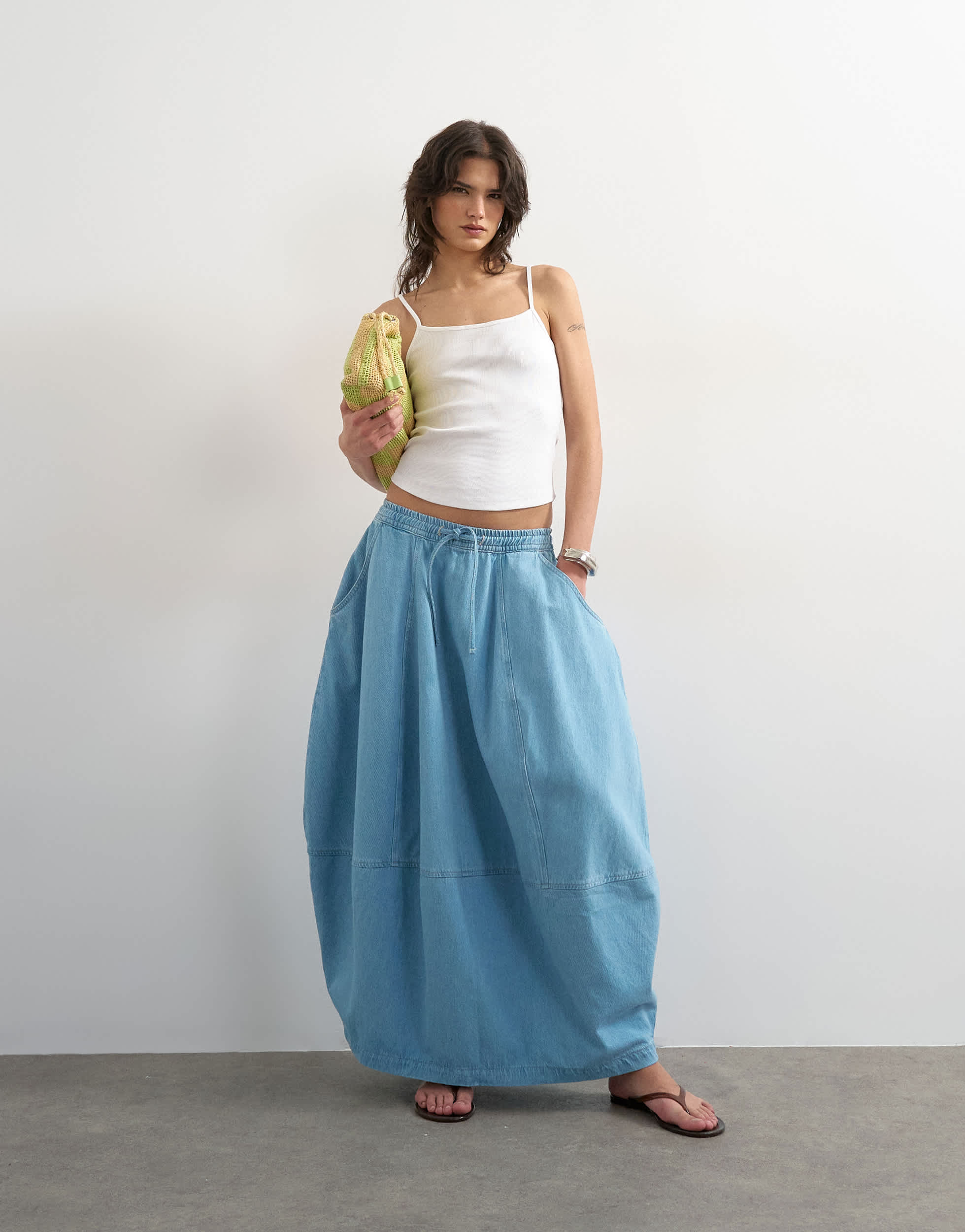Topshop denim pull on barrel maxi skirt in bleach