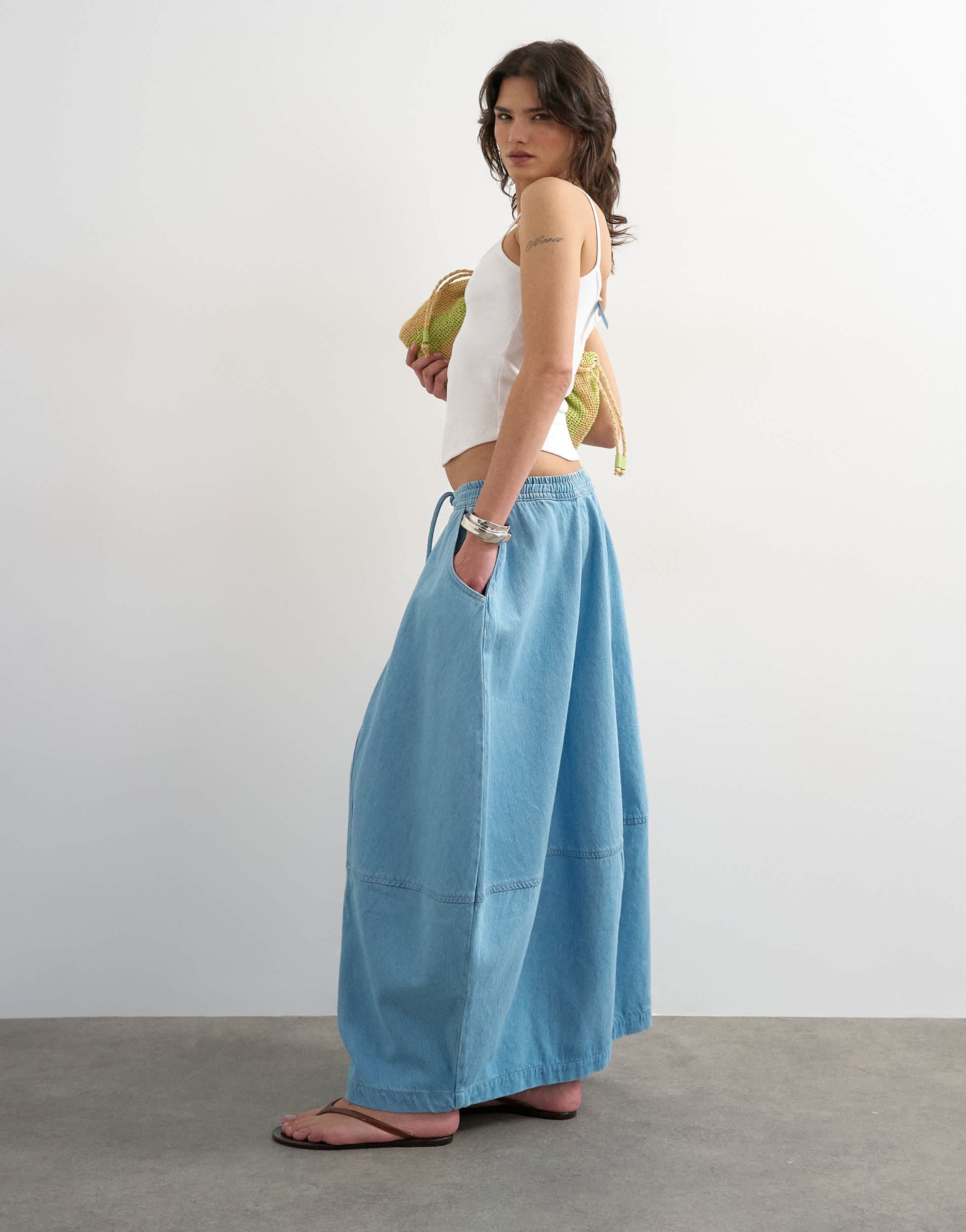 Topshop denim pull on barrel maxi skirt in bleach
