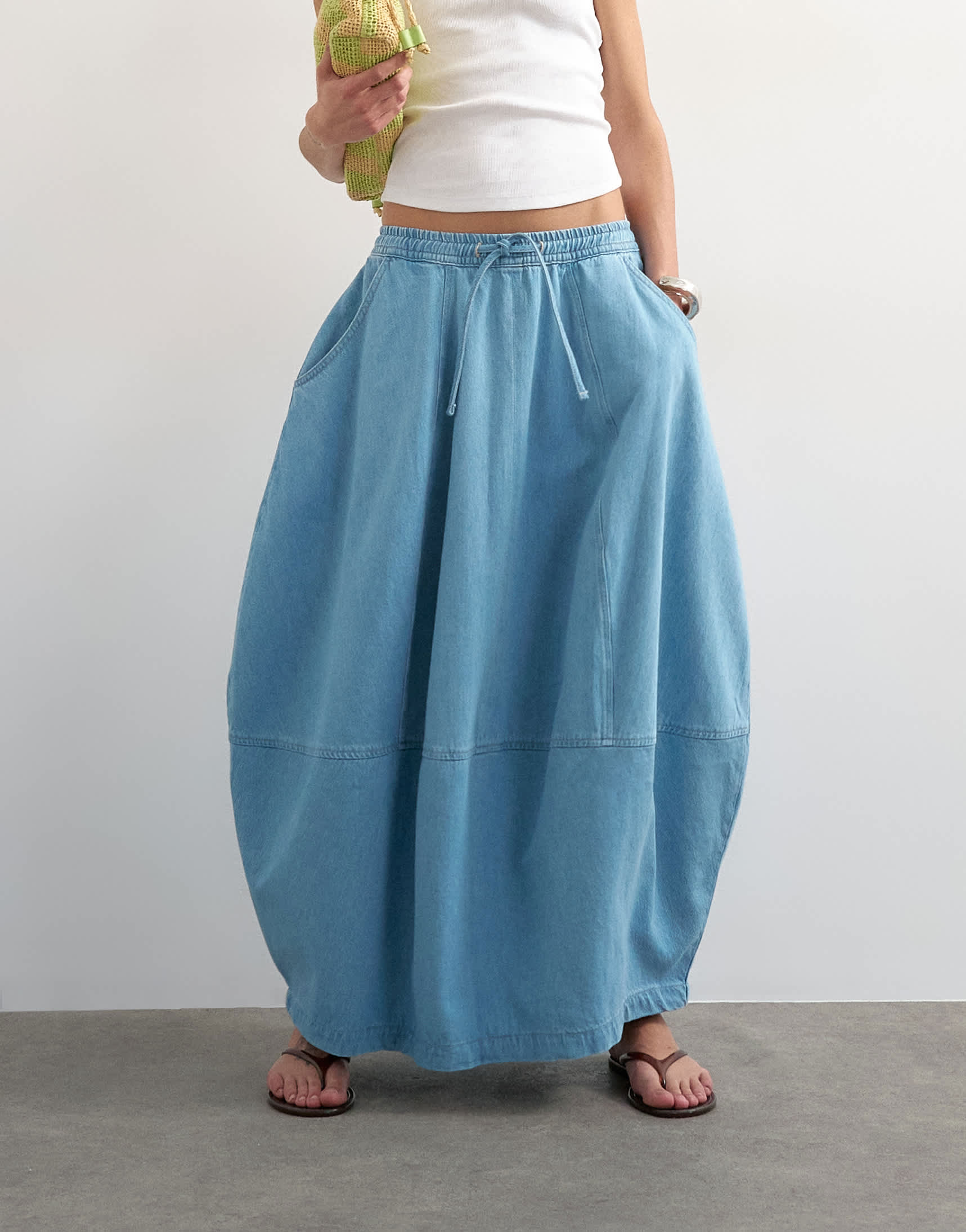 Topshop denim pull on barrel maxi skirt in bleach