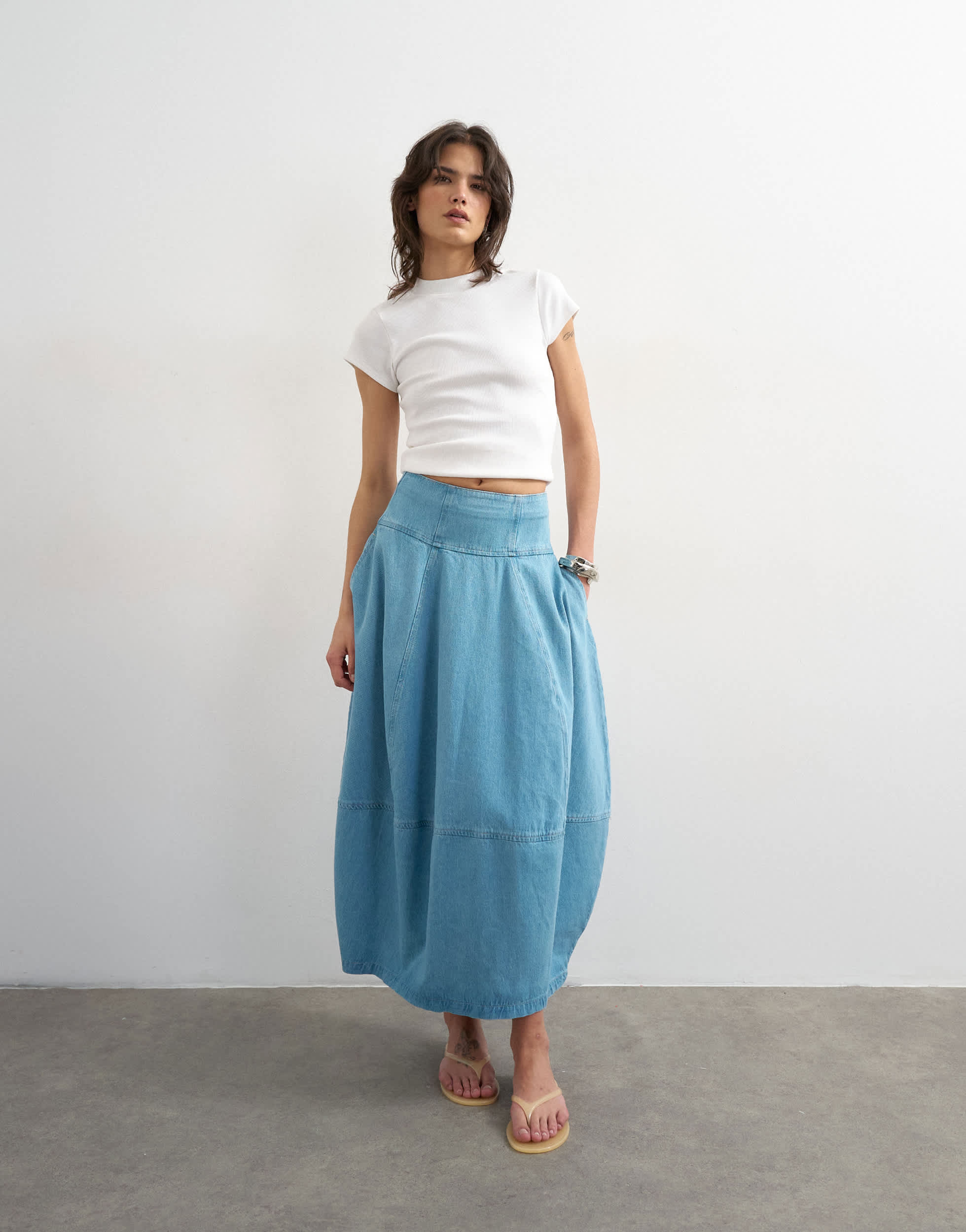 Topshop denim barrel seamed maxi skirt in bleach