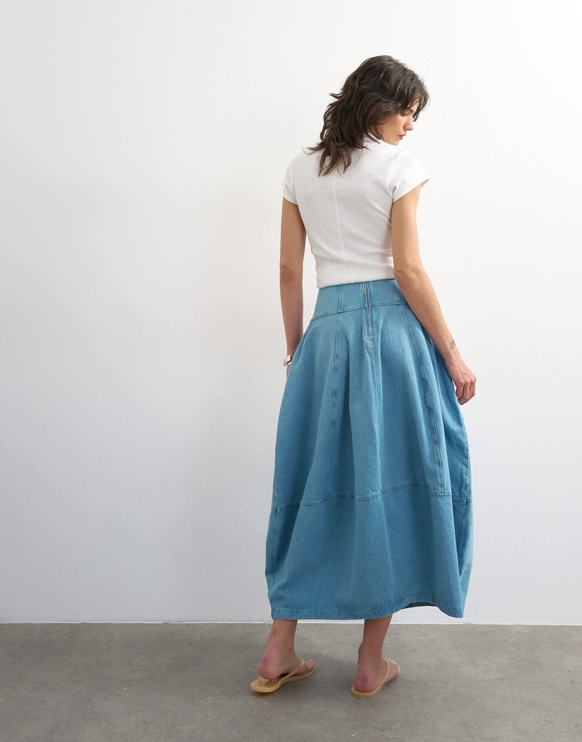 Topshop denim barrel seamed maxi skirt in bleach