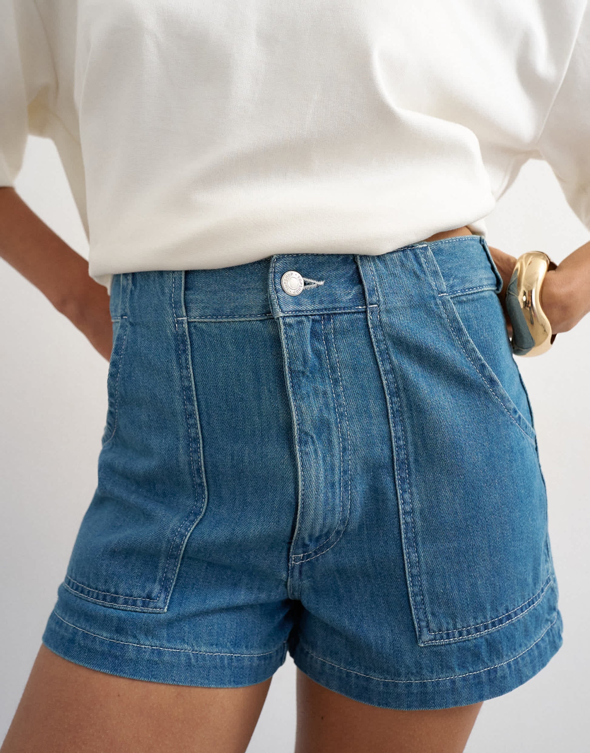 Topshop denim scout short in mid blue