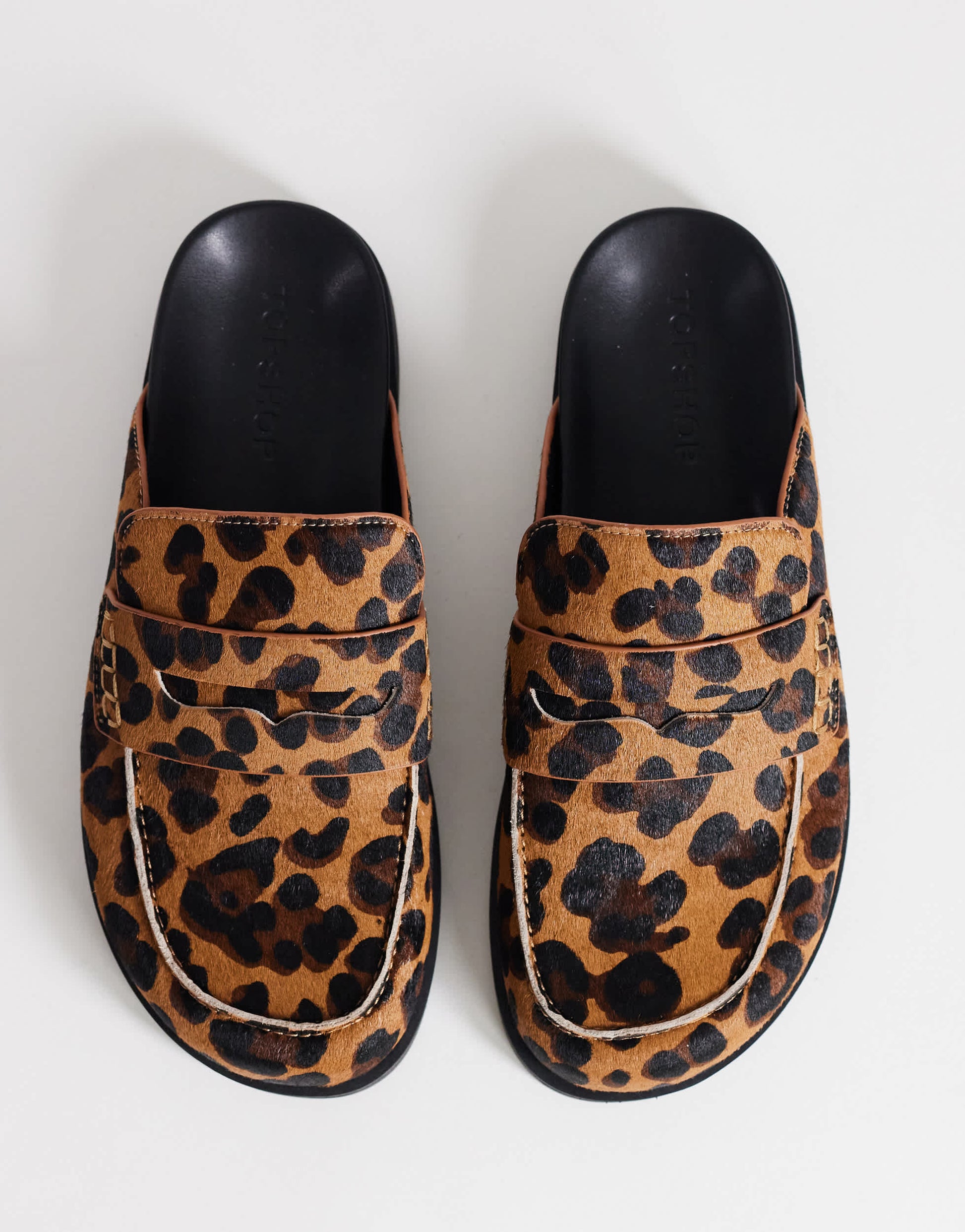 Topshop Addie hair on real leather mule loafer in leopard print