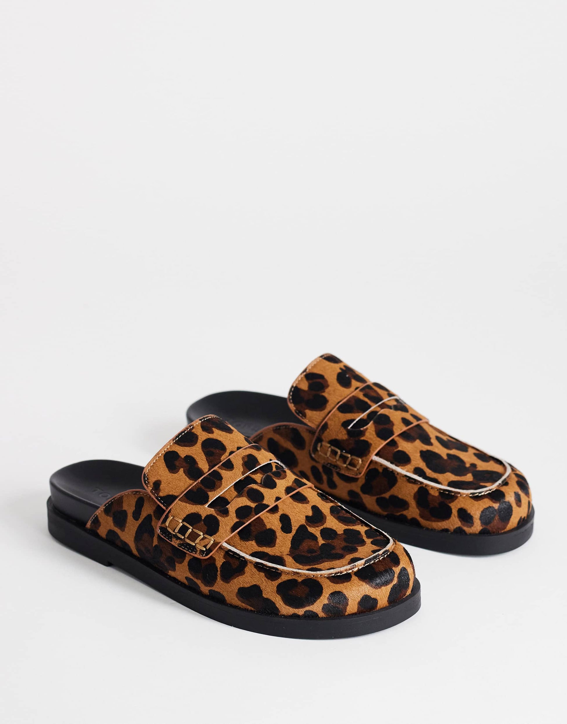 Topshop Addie hair on real leather mule loafer in leopard print