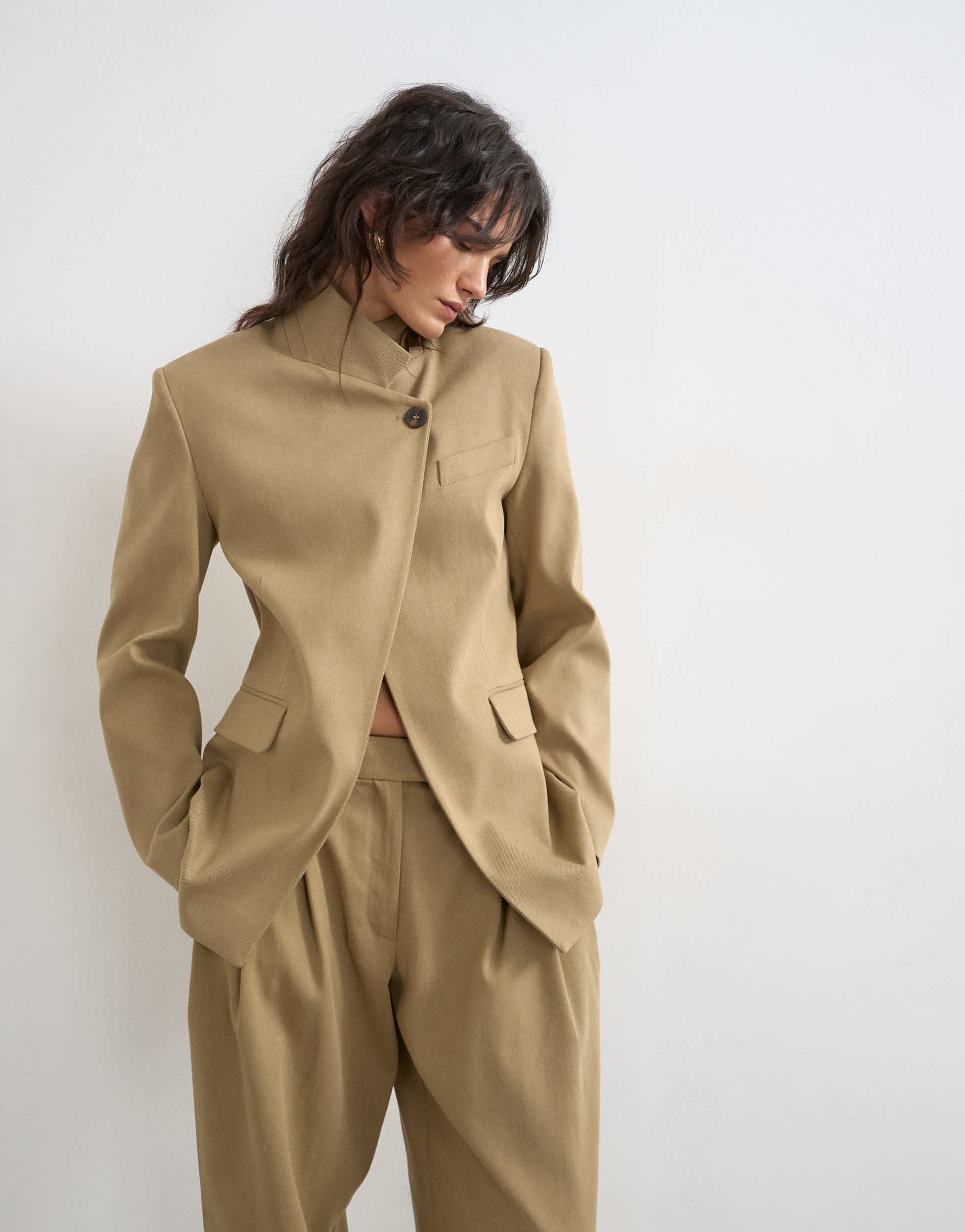 Topshop funnel neck blazer in stone