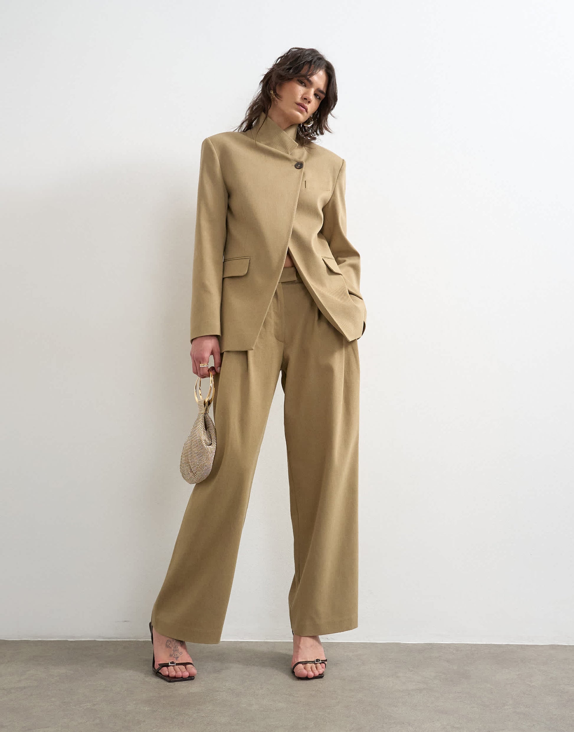 Topshop funnel neck blazer in stone