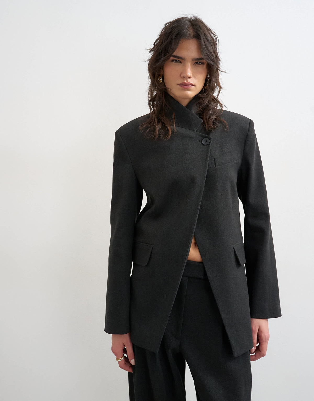 Topshop funnel neck blazer in black