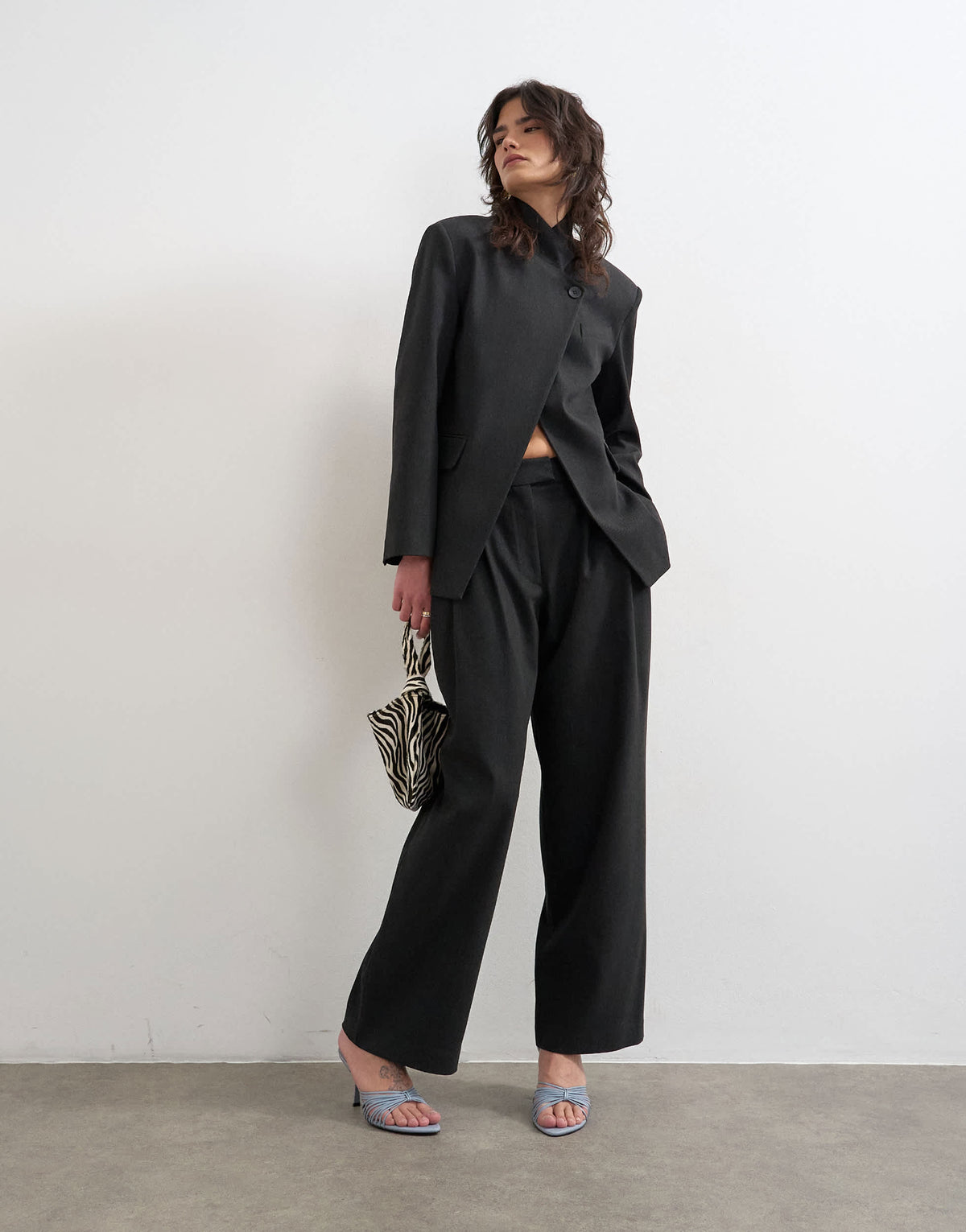 Topshop funnel neck blazer in black