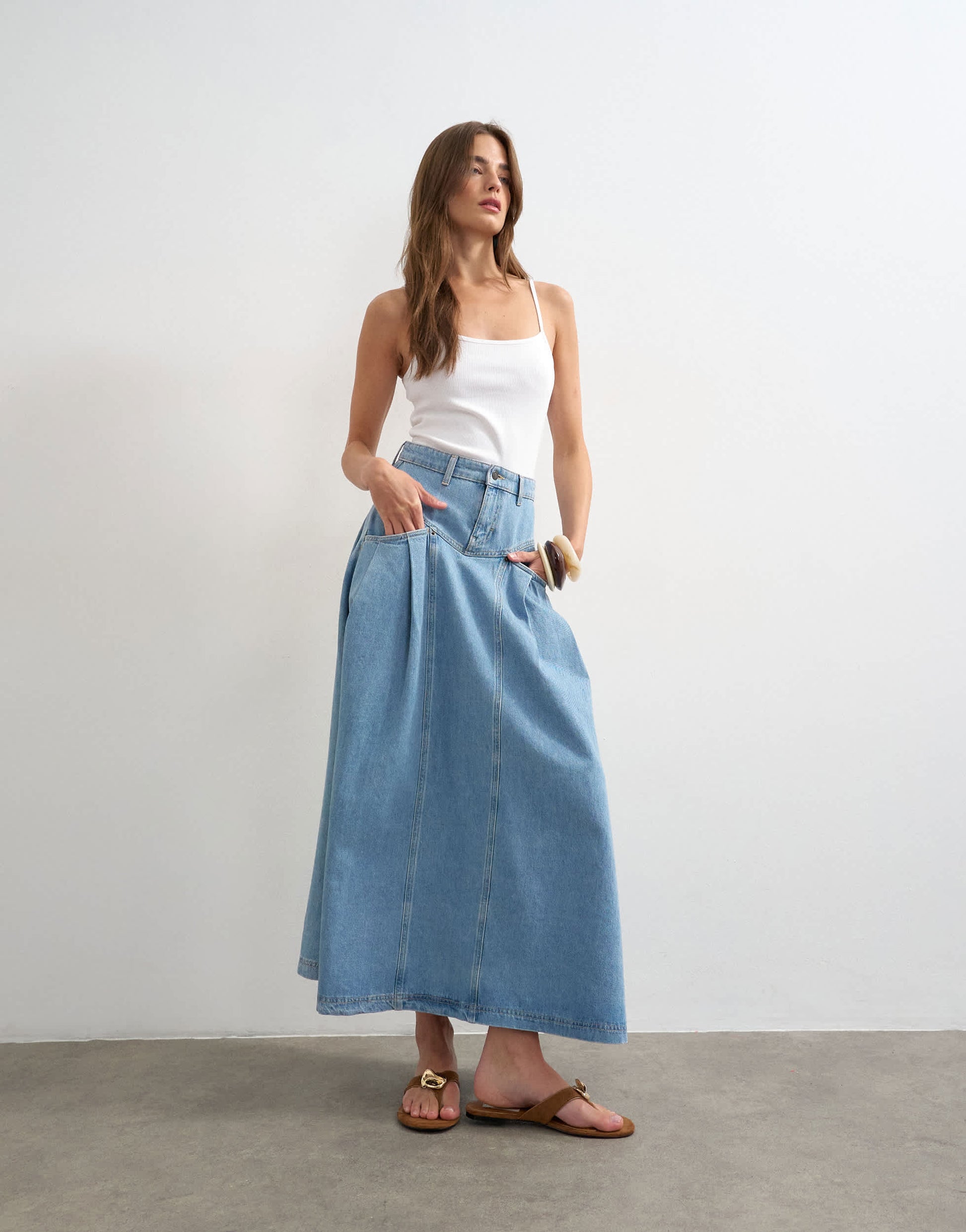 Topshop denim pleated maxi skirt in bleach