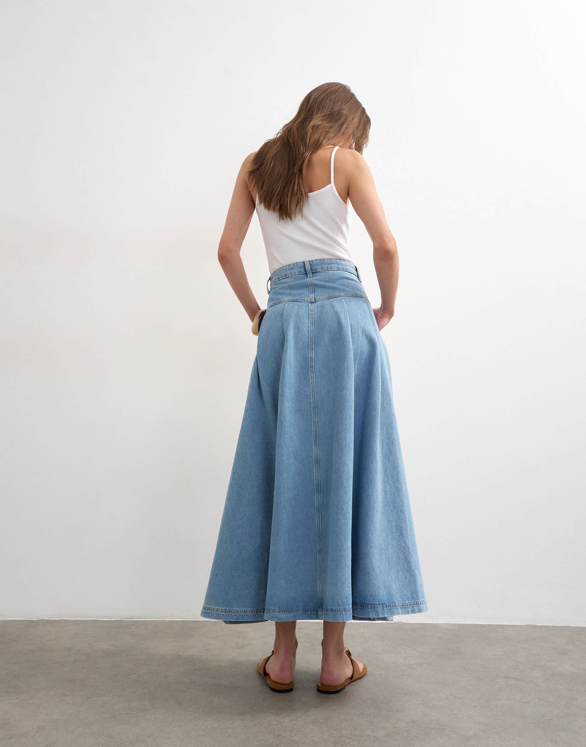 Topshop denim pleated maxi skirt in bleach